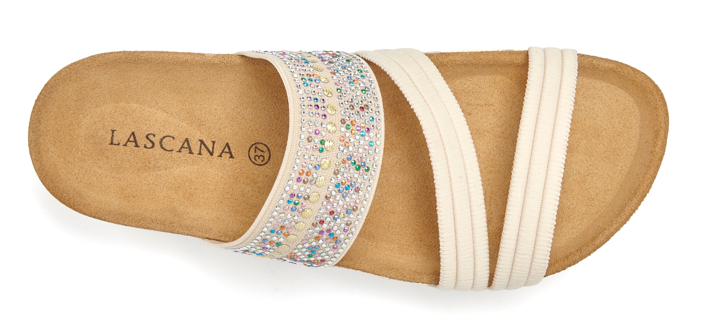 LASCANA Pantolette »Mule, Sandale, offener Schuh, Sommerschuh,«  mit Komfortkorkfussbett aus Leder und elastischen Riemen