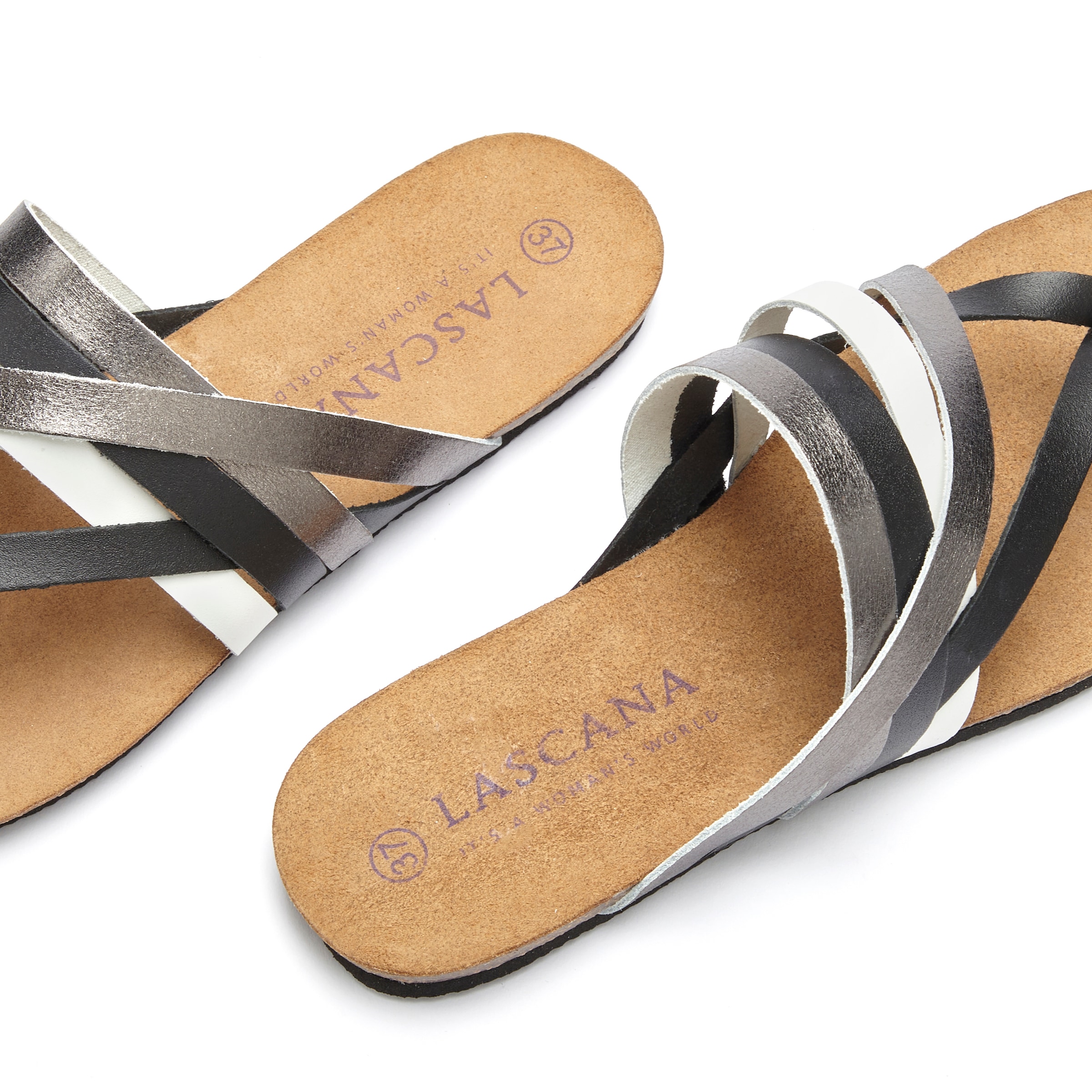 LASCANA Zehentrenner, Sandale, Pantolette aus Leder mit Korkfussbett