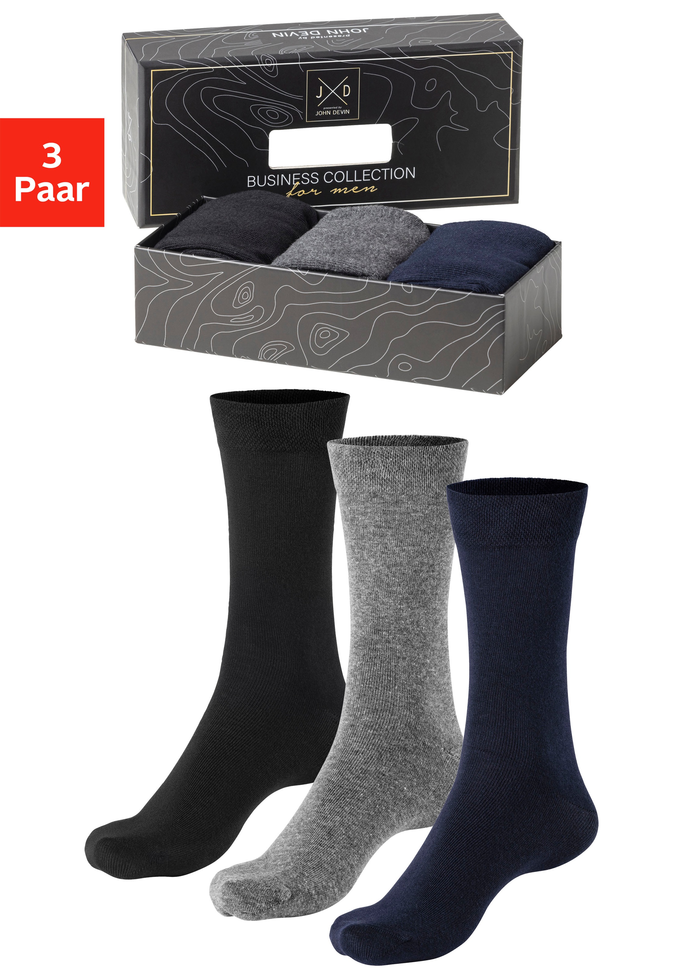 John Devin Businesssocken Packung, 3 Stk. tlg. mit längerer Schaftlänge, verpackt in einer Box