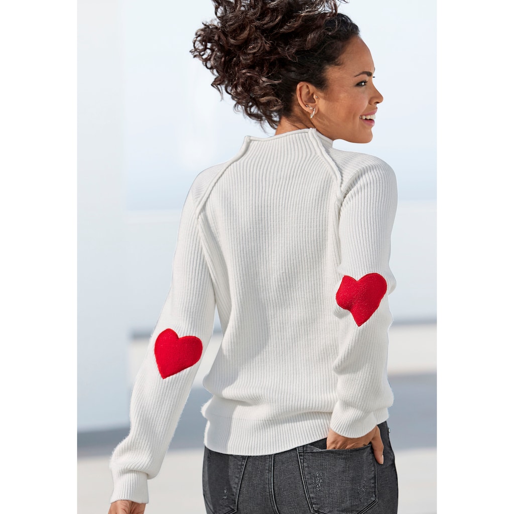 LASCANA Stehkragenpullover, mit Herzchendetails, lockerer Strickpullover
