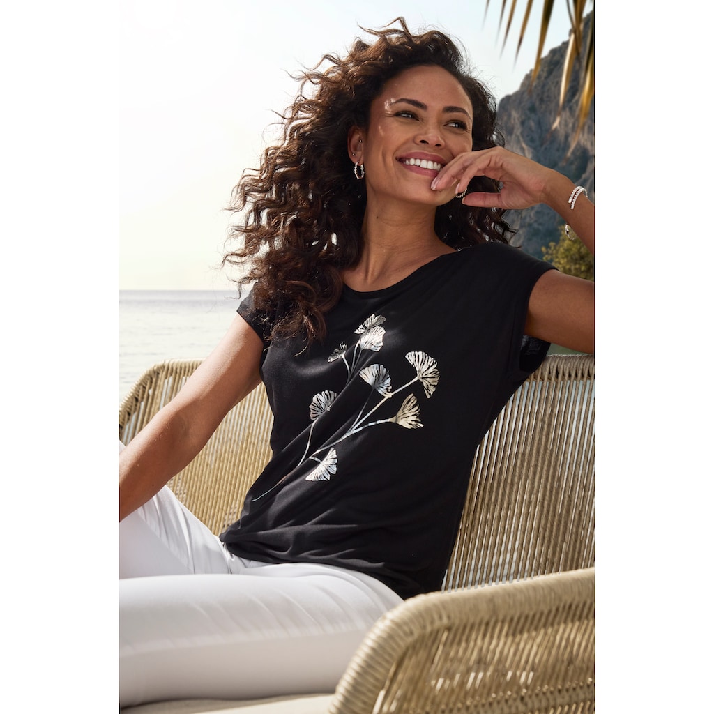 Vivance Kurzarmshirt »mit schimmerndem Blumenprint«, aus elastischer Viskose-Qualität