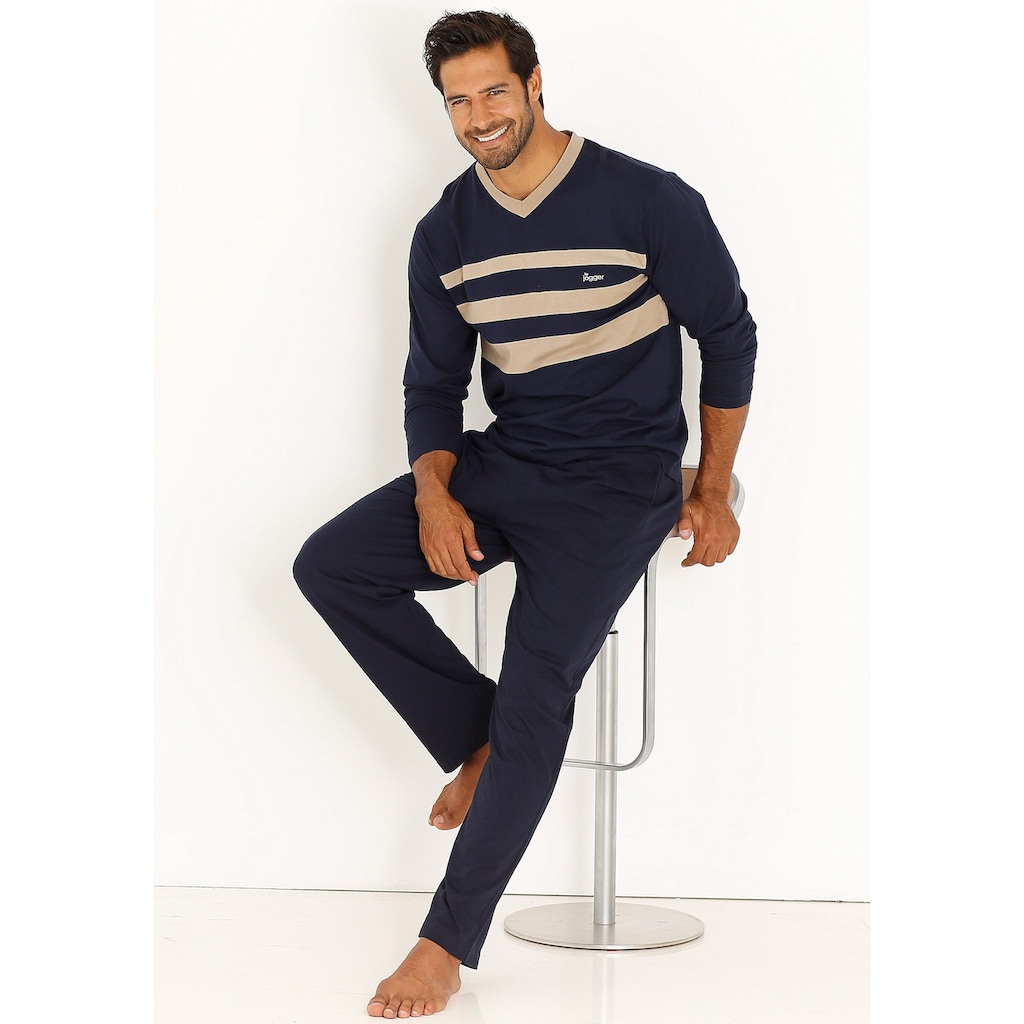 le jogger® Pyjama, (Packung, 4 tlg., 2 Stück), Schlafanzug mit kontrastfarbigen Einsätzen vorn