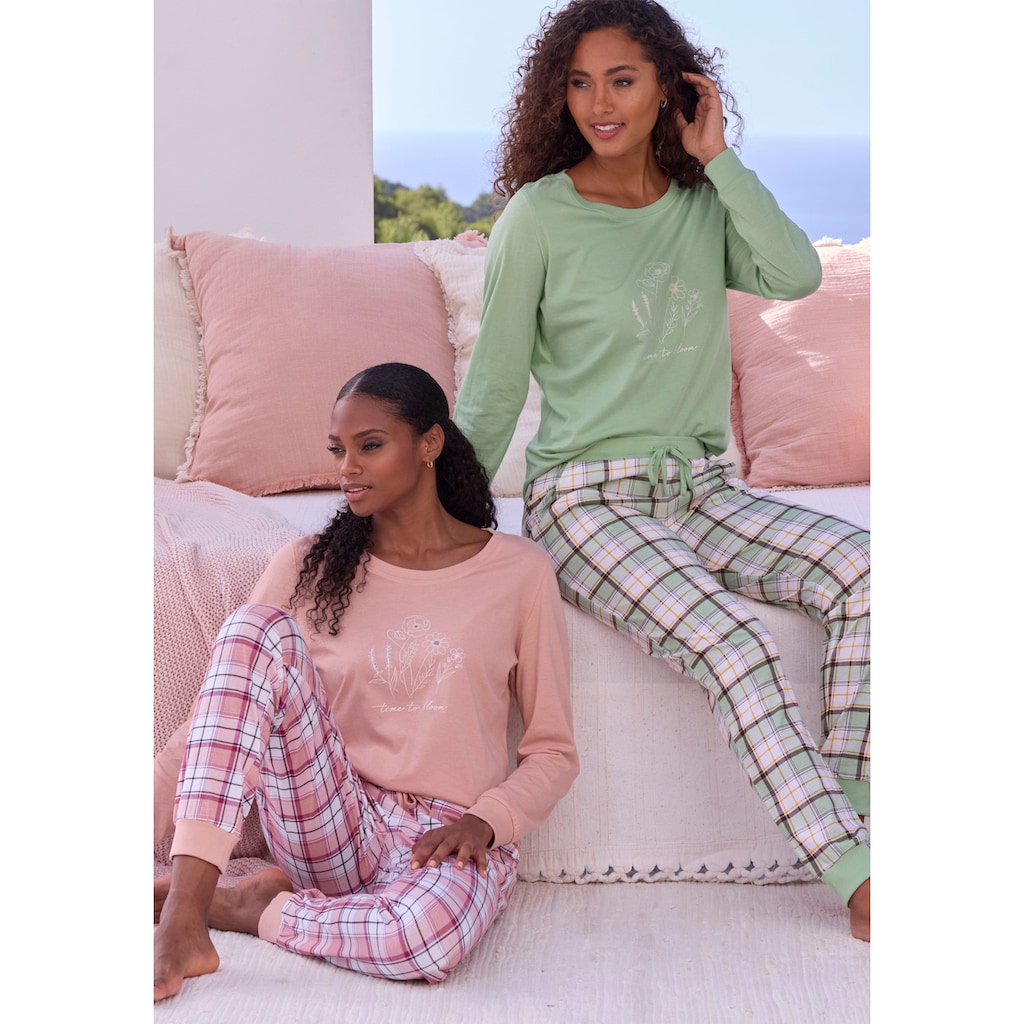 Vivance Dreams Pyjama, (Set, 2 Stück), Langarmshirt mit süssem Frontprint und karierter Hose