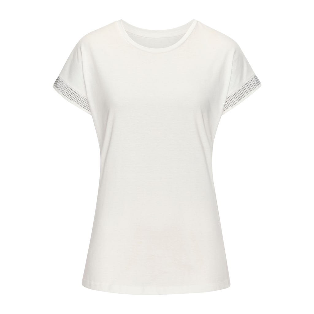 LASCANA Kurzarmshirt »mit glitzernem Strass-Design am Arm«, aus weicher Baumwoll-Qualität