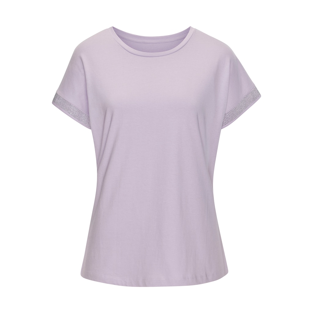 LASCANA Kurzarmshirt »mit glitzernem Strass-Design am Arm«, aus weicher Baumwoll-Qualität