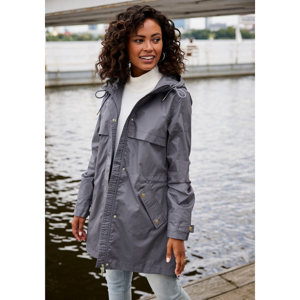 French Connection Outdoorjacke, mit Kapuze, Saumschlitz mit Druckknöpfen auf der Rückseite