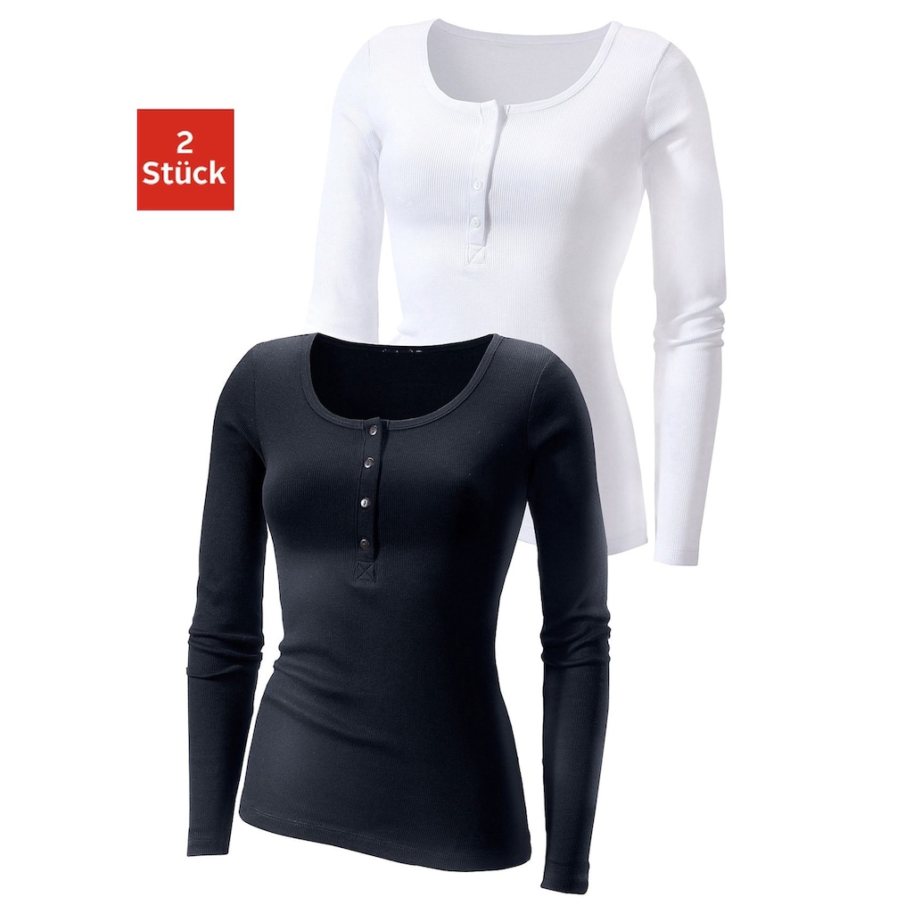 H.I.S Langarmshirt »mit kurzer Knopfleiste«, (2er-Pack), aus modischer Rippqualität