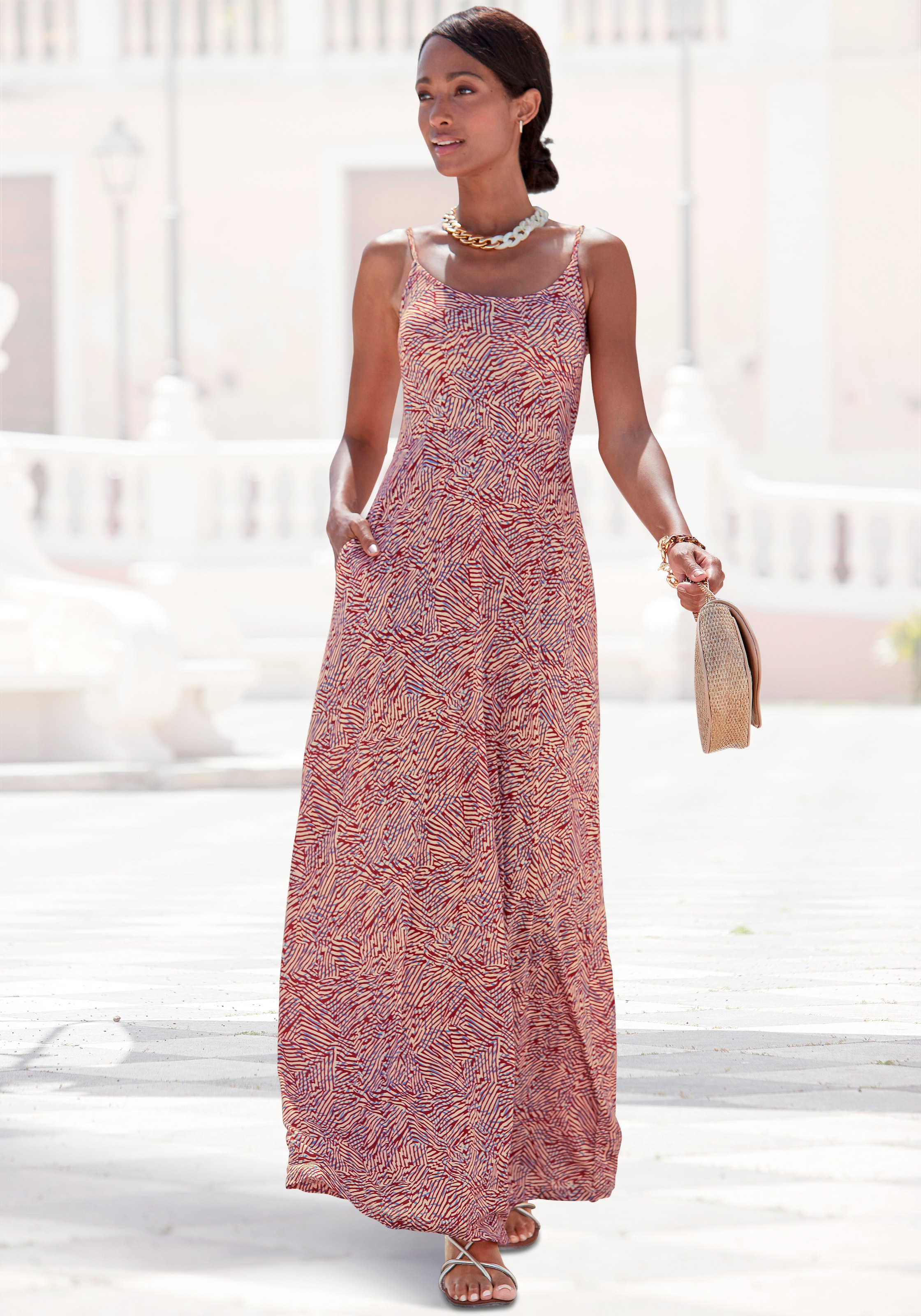 Vivance Maxikleid »mit grafischem Alloverdruck und Taschen« Eingrifftaschen langes Sommerkleid, Strandkleid, Druckkleid, Viskosekleid, Jerseykleid