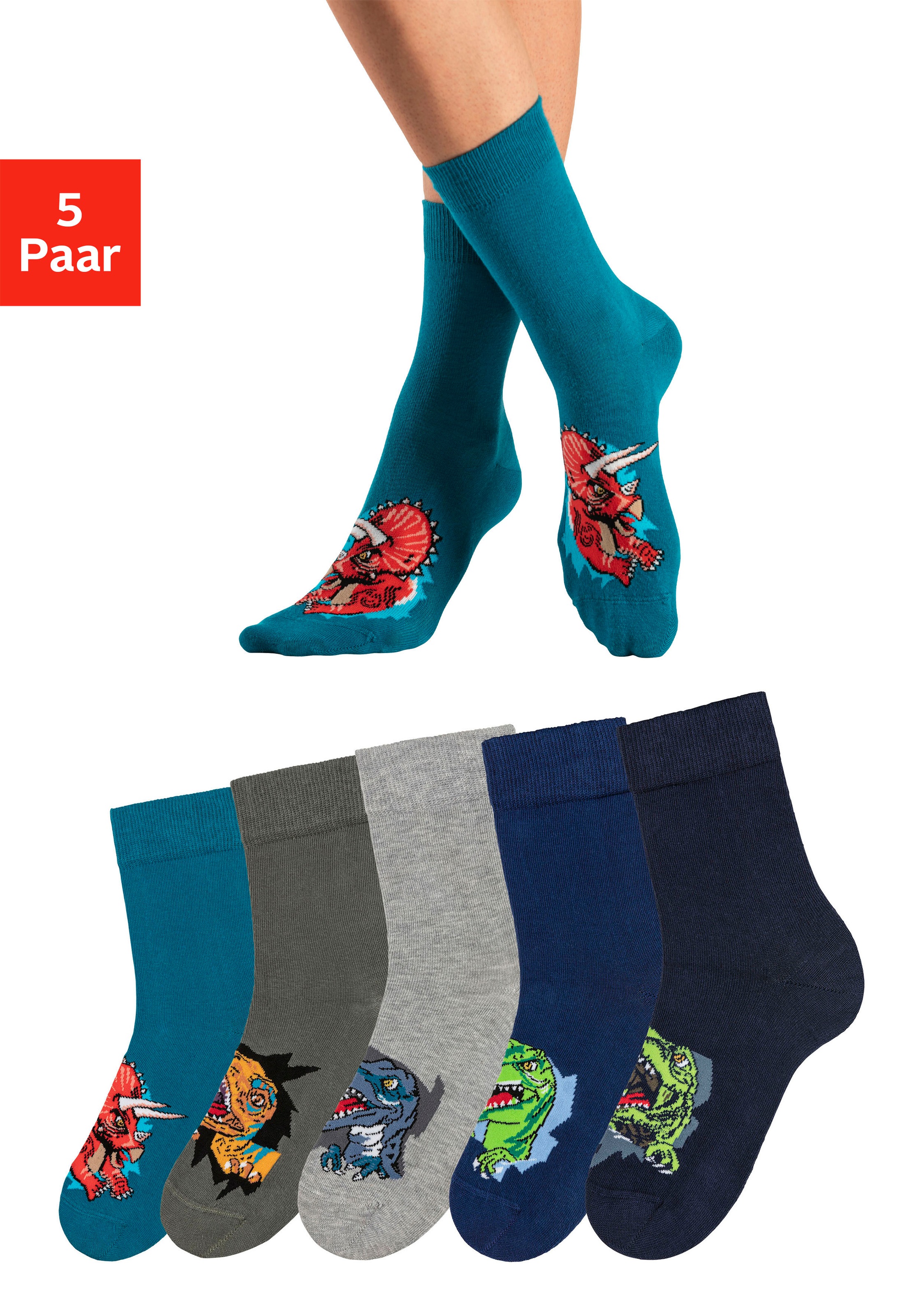 H.I.S Socken Packung, 5 Stk. tlg. mit Dinosauriermotiven