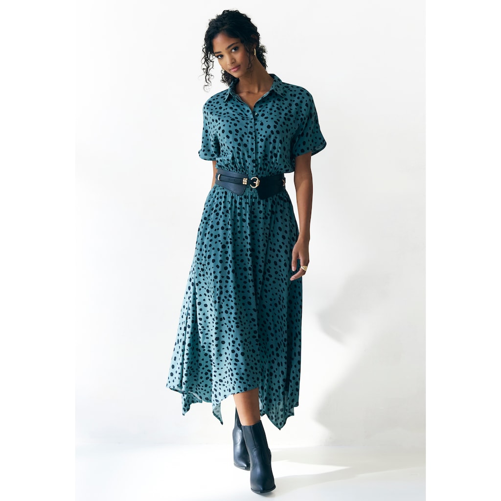 LASCANA Druckkleid, mit Punktedruck und asymmetrischem Saum, Hemdblusenkleid, Midikleid
