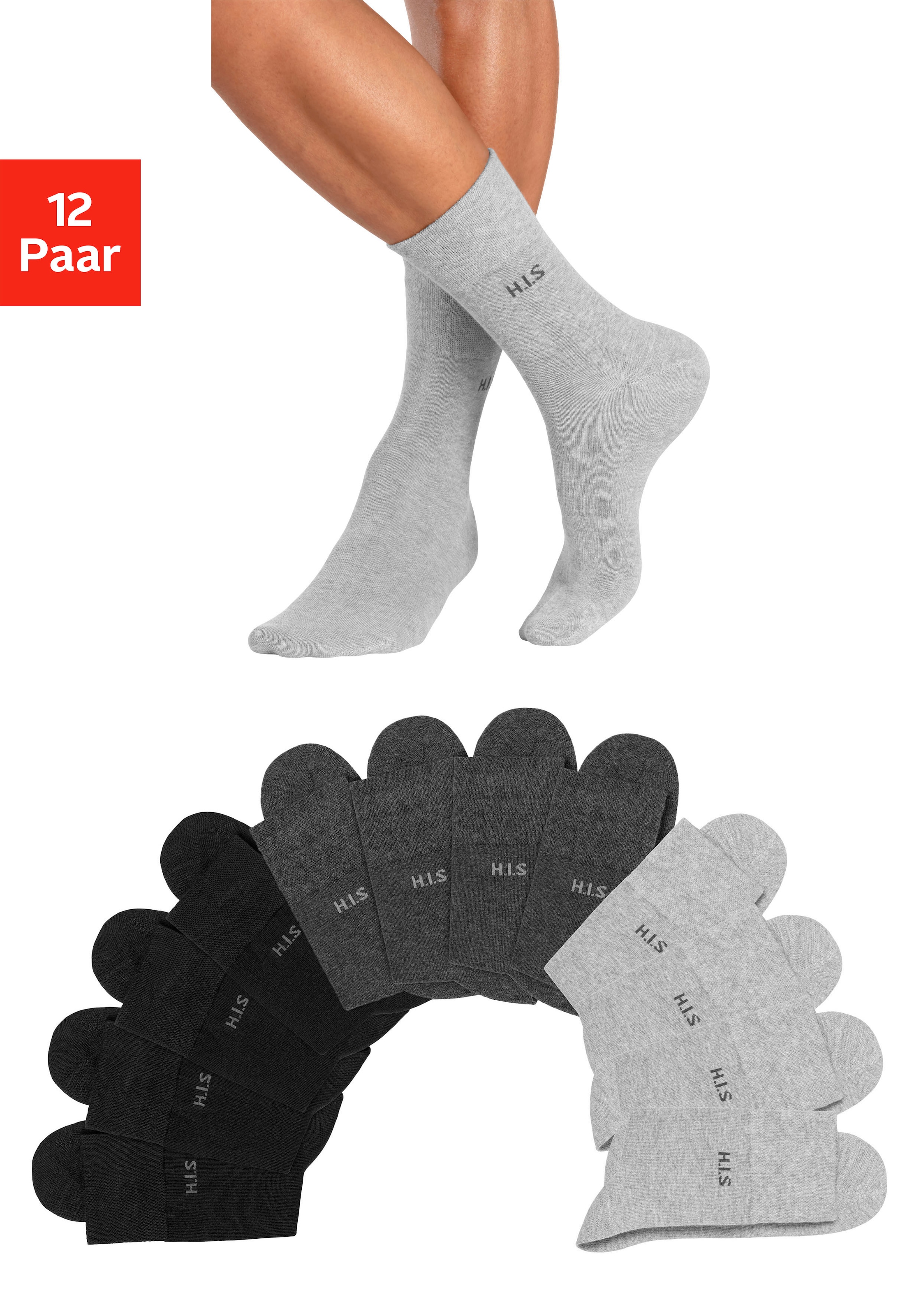 H.I.S Socken Packung, 12 Stk. tlg. ohne einschneidendes Gummi