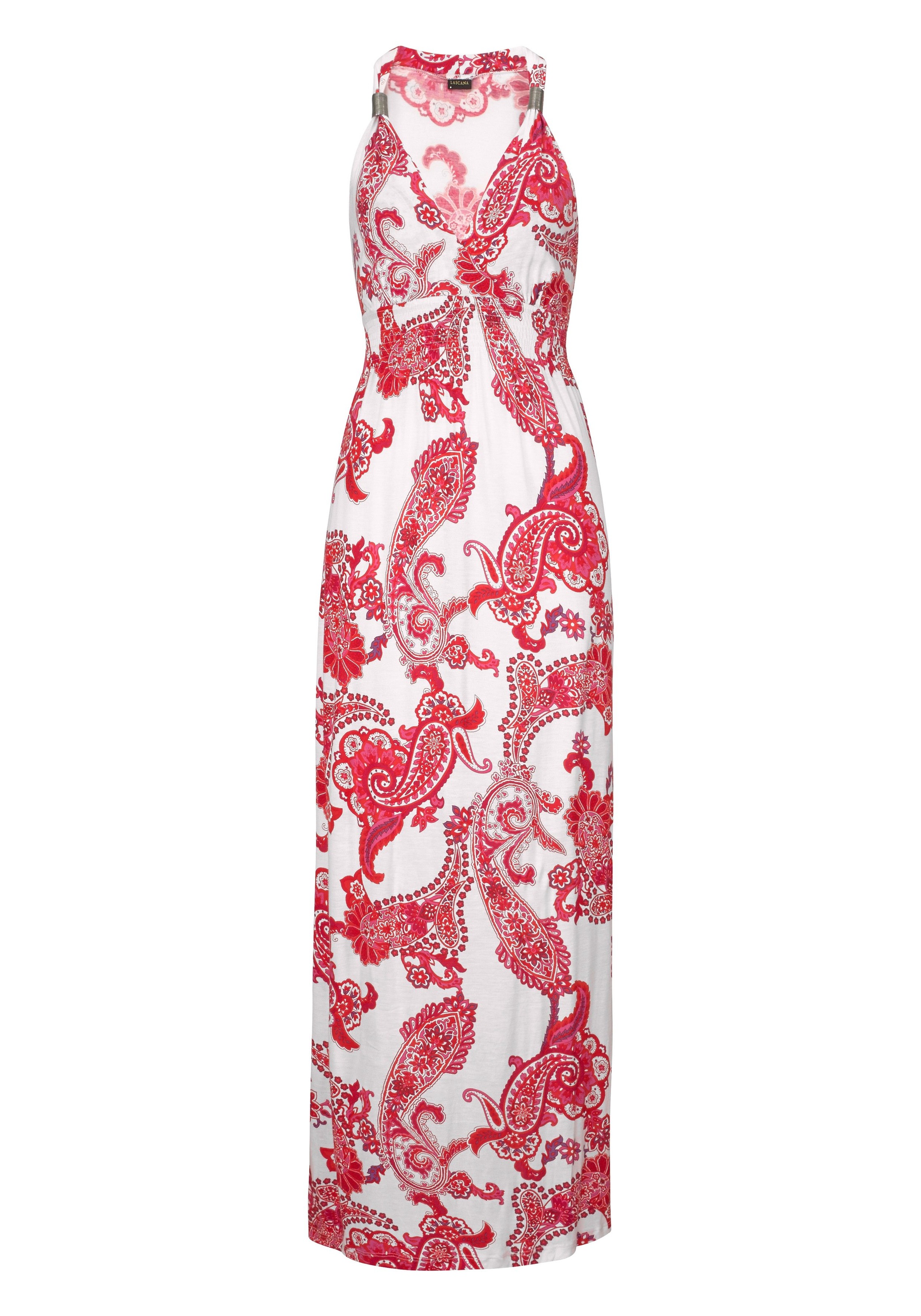 LASCANA Maxikleid "mit verstellbarem Ausschnitt und gesmokter Taille, Jerseykleid" Ohne Taschen Sommerkleid, Strandkleid, Viskosekleid, Boho-Kleid mit Paisleymuster