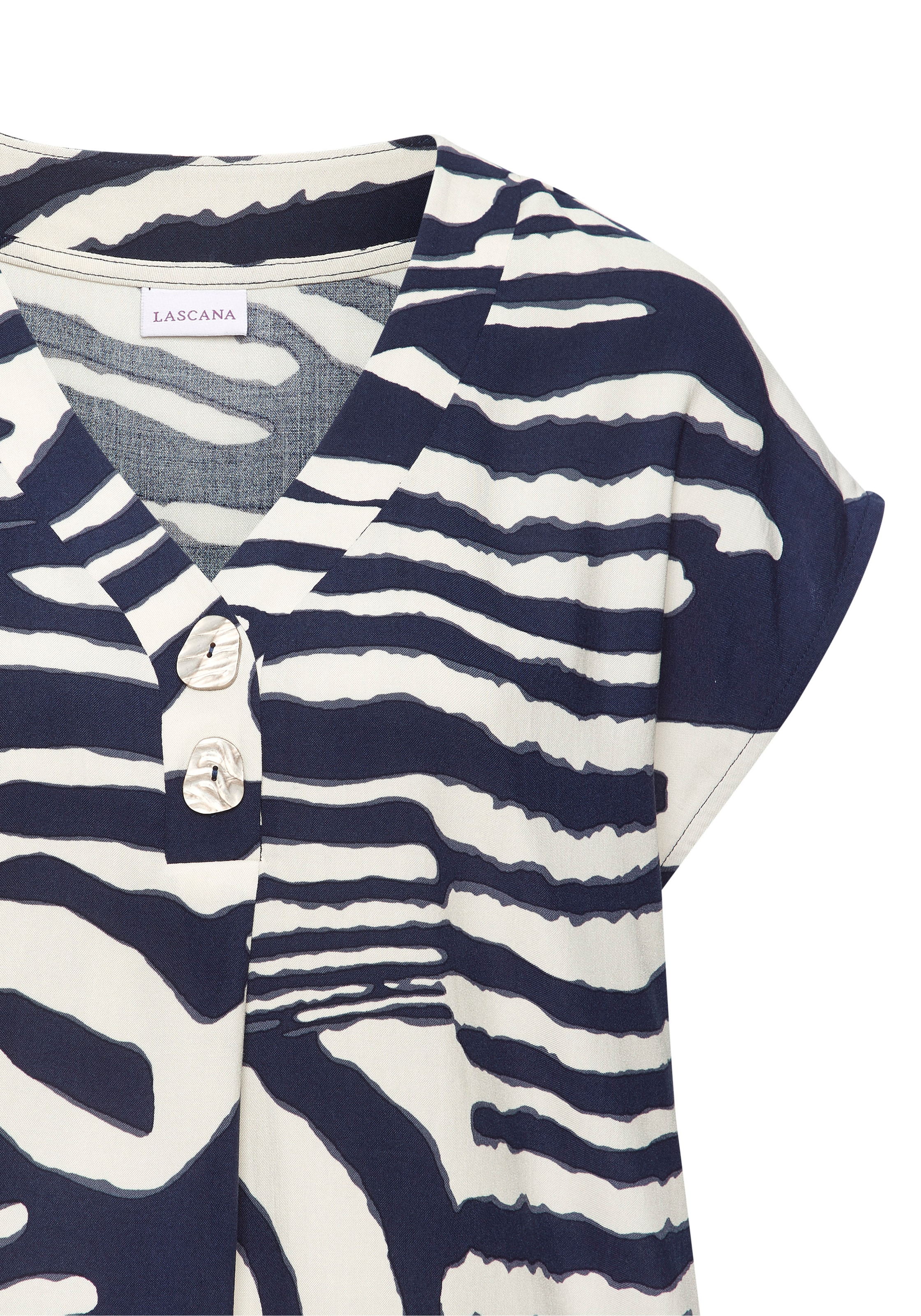 LASCANA Blouse à enfiler mit Alloverprint und modischen Knöpfen, Kurzarmbluse, sommerlich