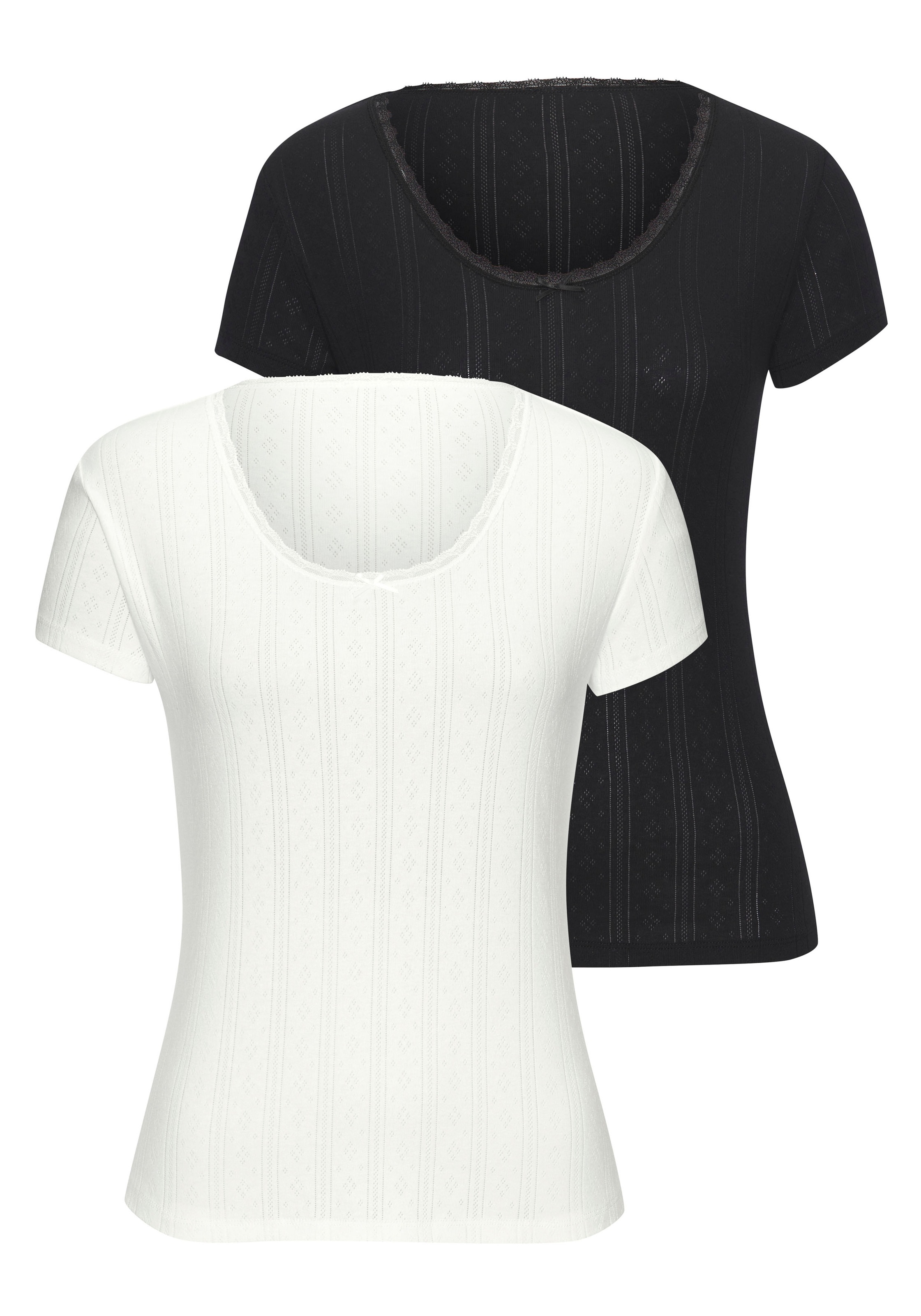 Vivance T-Shirt 2er-Pack, aus feiner Pointelle-Ware mit Spitze, reine Baumwolle