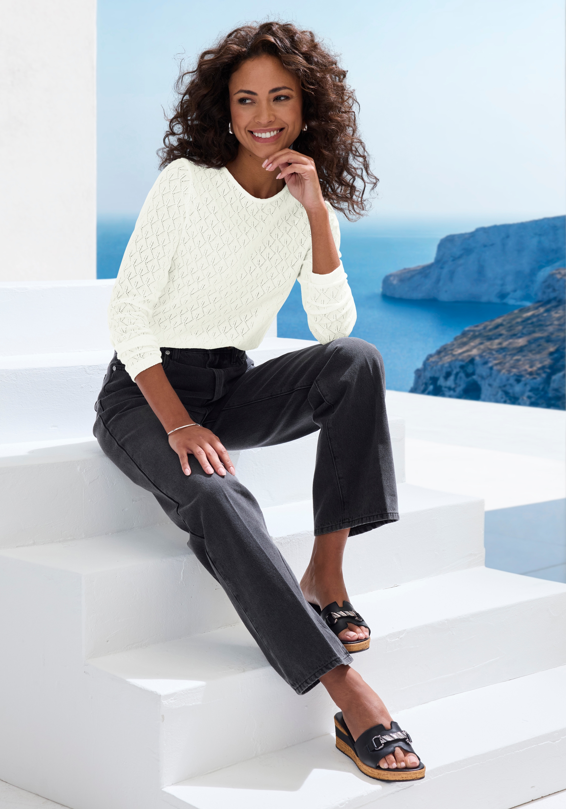Vivance Langarmshirt »mit modischem Ajour-Muster«, aus weichem Baumwollstrick