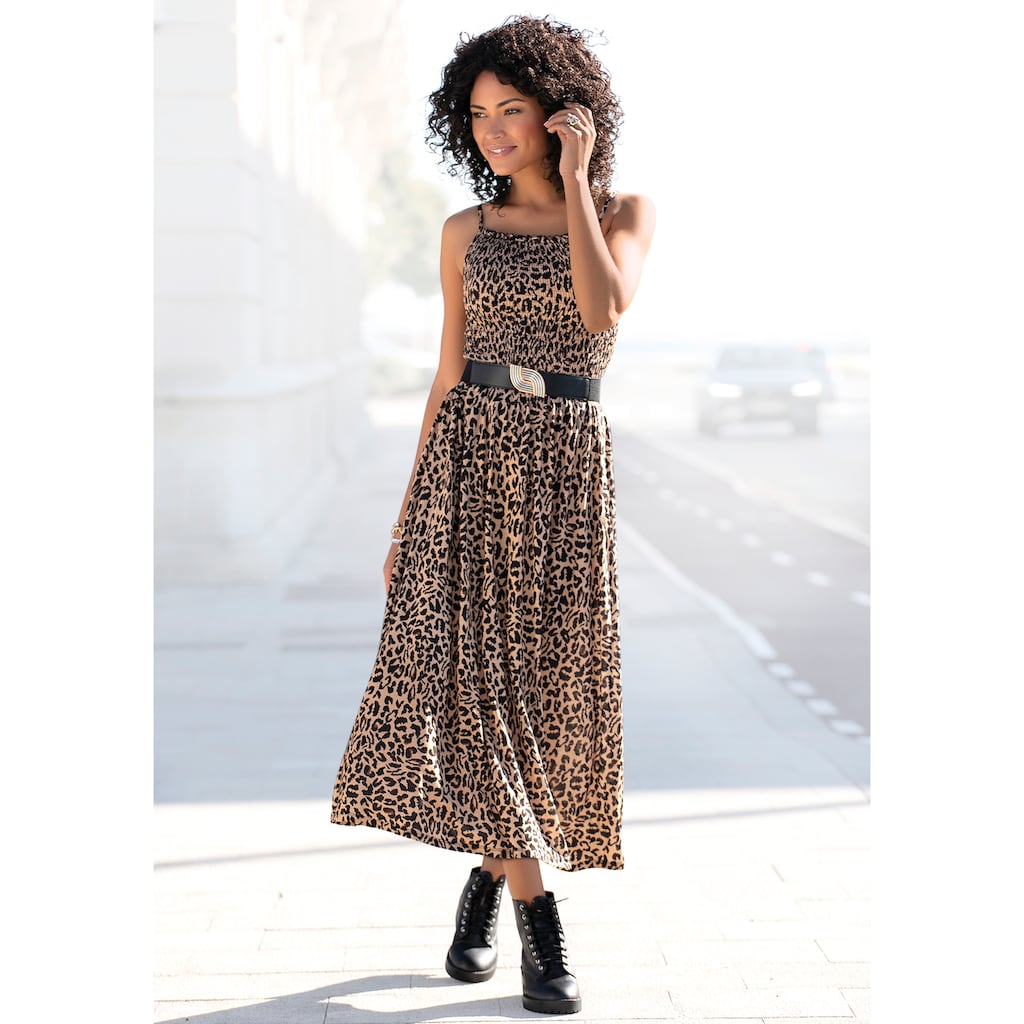 Buffalo Midikleid, mit gesmoktem Oberteil und Animalprint, Leokleid, Sommerkleid