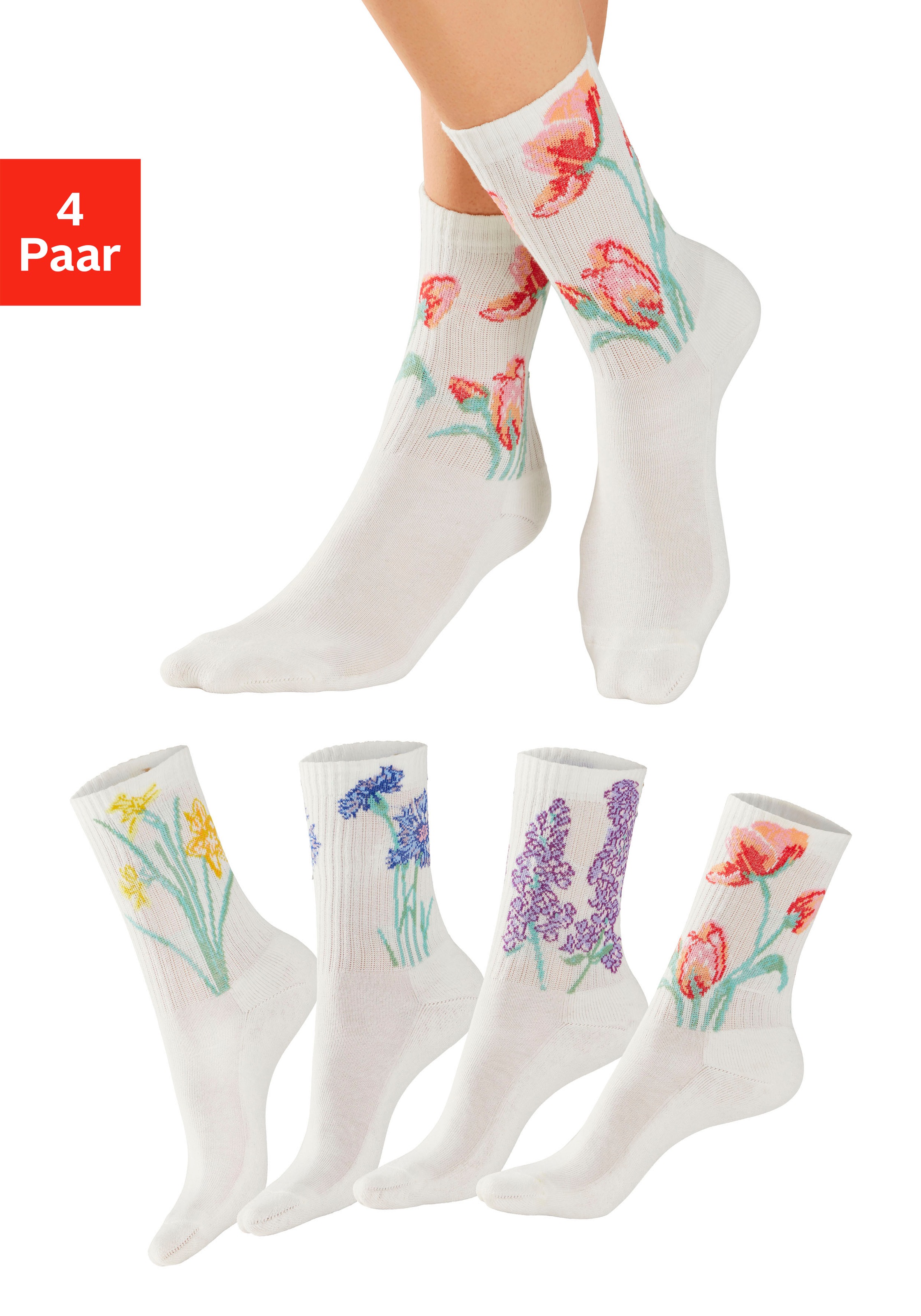 LASCANA Basicsocken Packung, 4 Paar tlg. mit eingestrickten Blumen Motiven