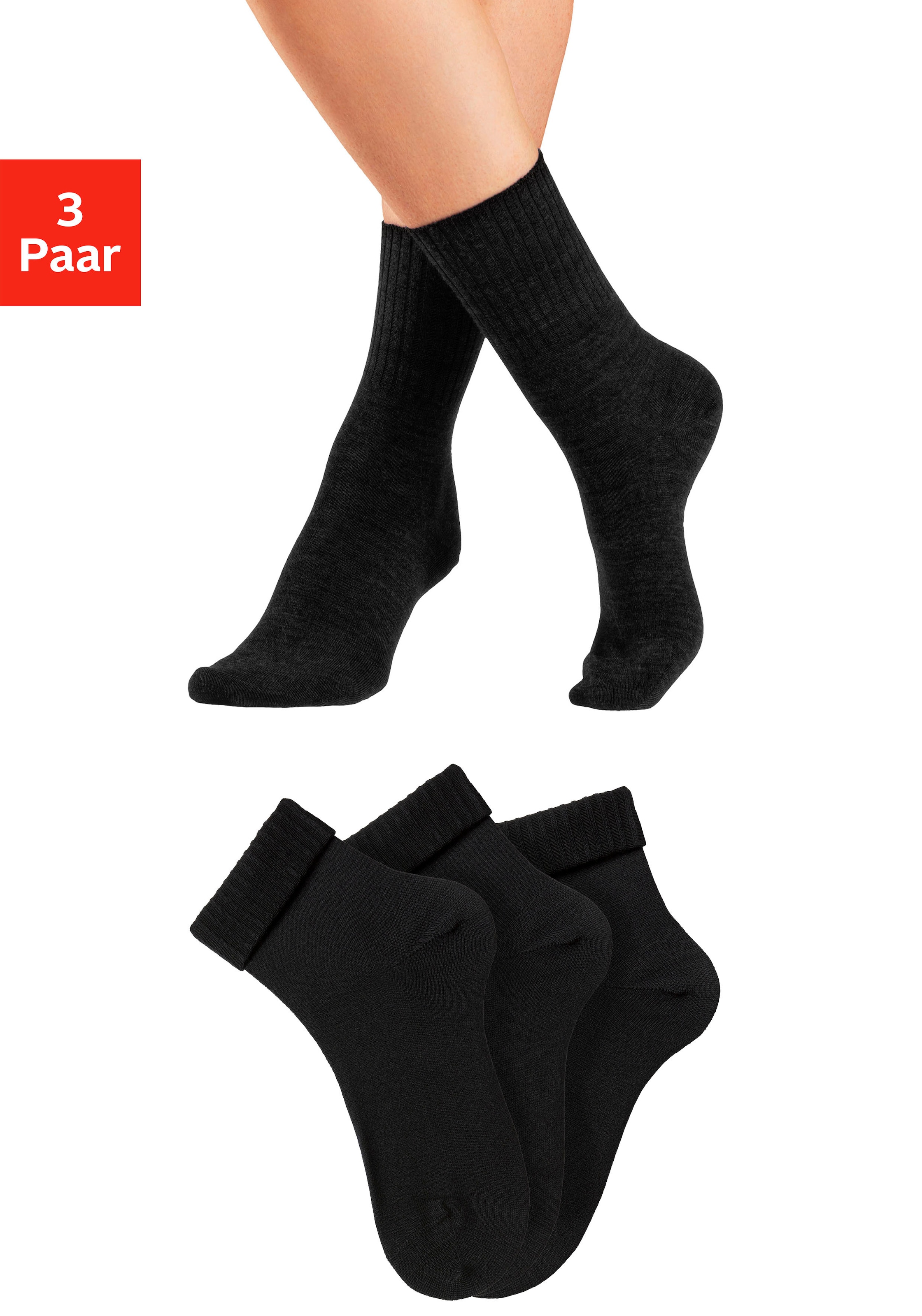 Lavana Umschlagsocken Packung, 3 Stk. tlg. fein gestrickt mit 53% Wolle