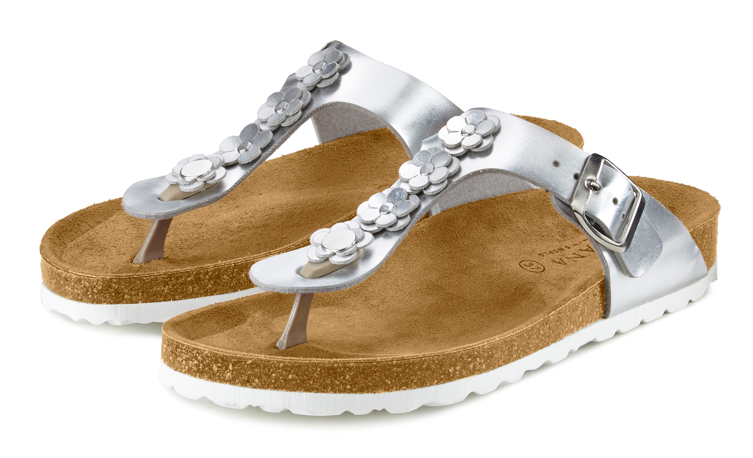 LASCANA Séparateur d'orteils »Sandale, Pantolette, offener Schuh, Sommerschuh,«  glänzende metallische Optik, Textil-Innenmaterial, aus Lederimitat