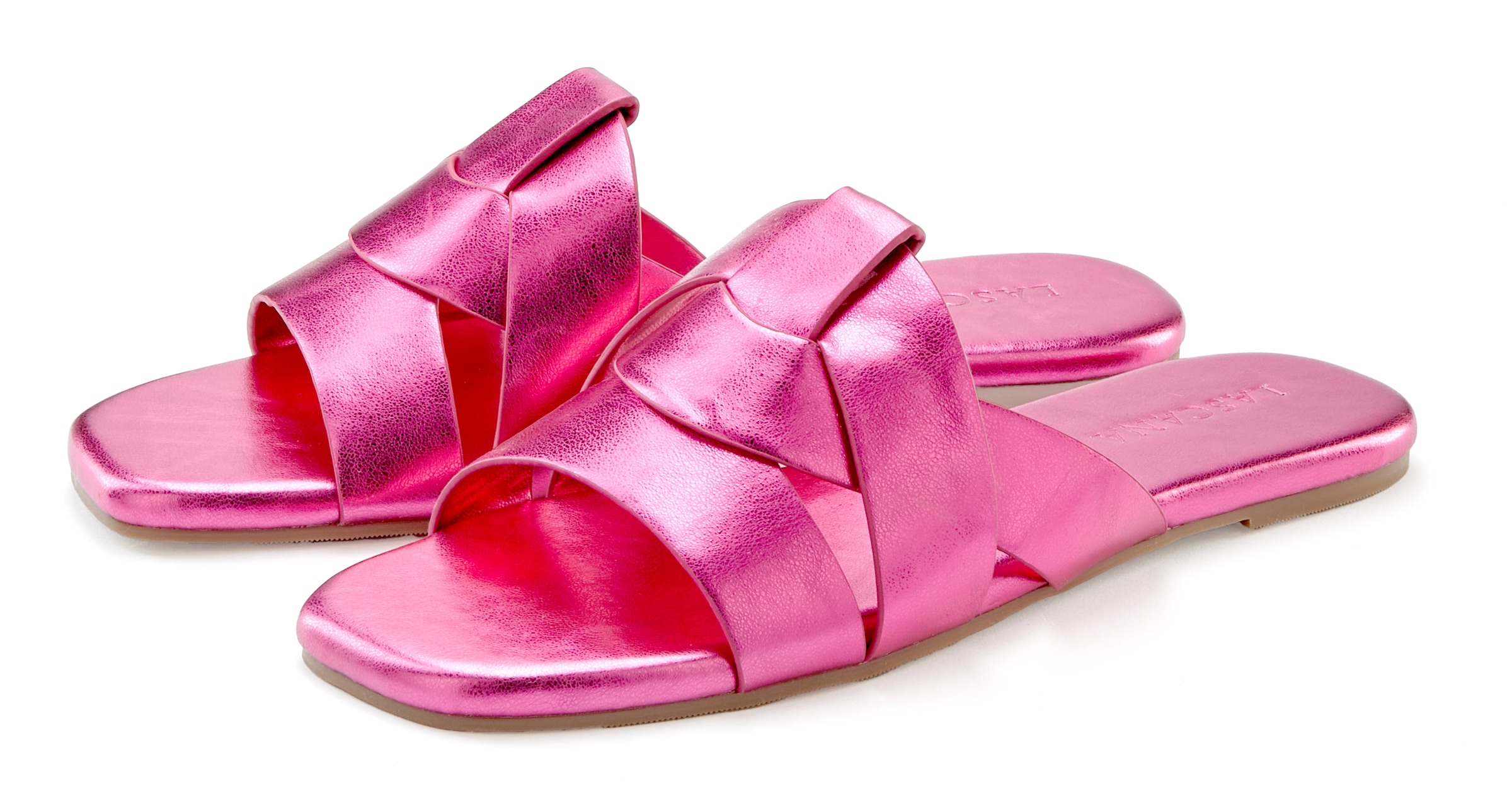 LASCANA Pantolette »Mule, Sommerschuh, offener Schuh, Sandale« im modischen Metallic Look mit raffinierten Riemchen VEGAN