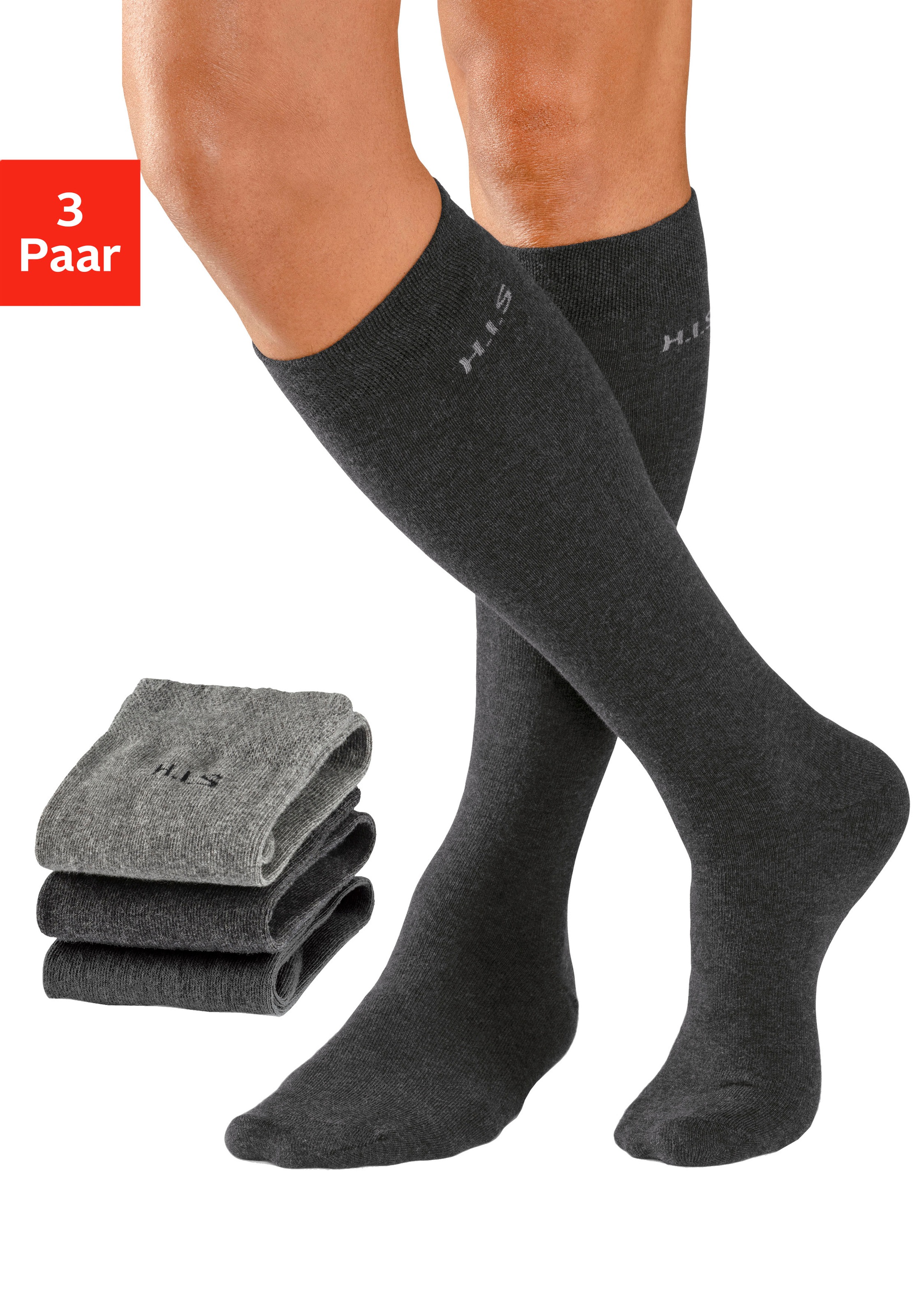 H.I.S Kniestrümpfe Packung, 3 Stk. tlg. mit druckfreiem Bündchen