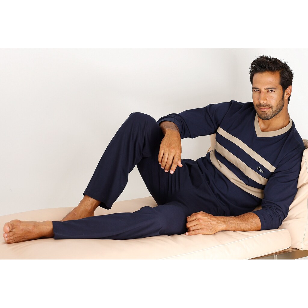 le jogger® Pyjama, (Packung, 4 tlg., 2 Stück), Schlafanzug mit kontrastfarbigen Einsätzen vorn