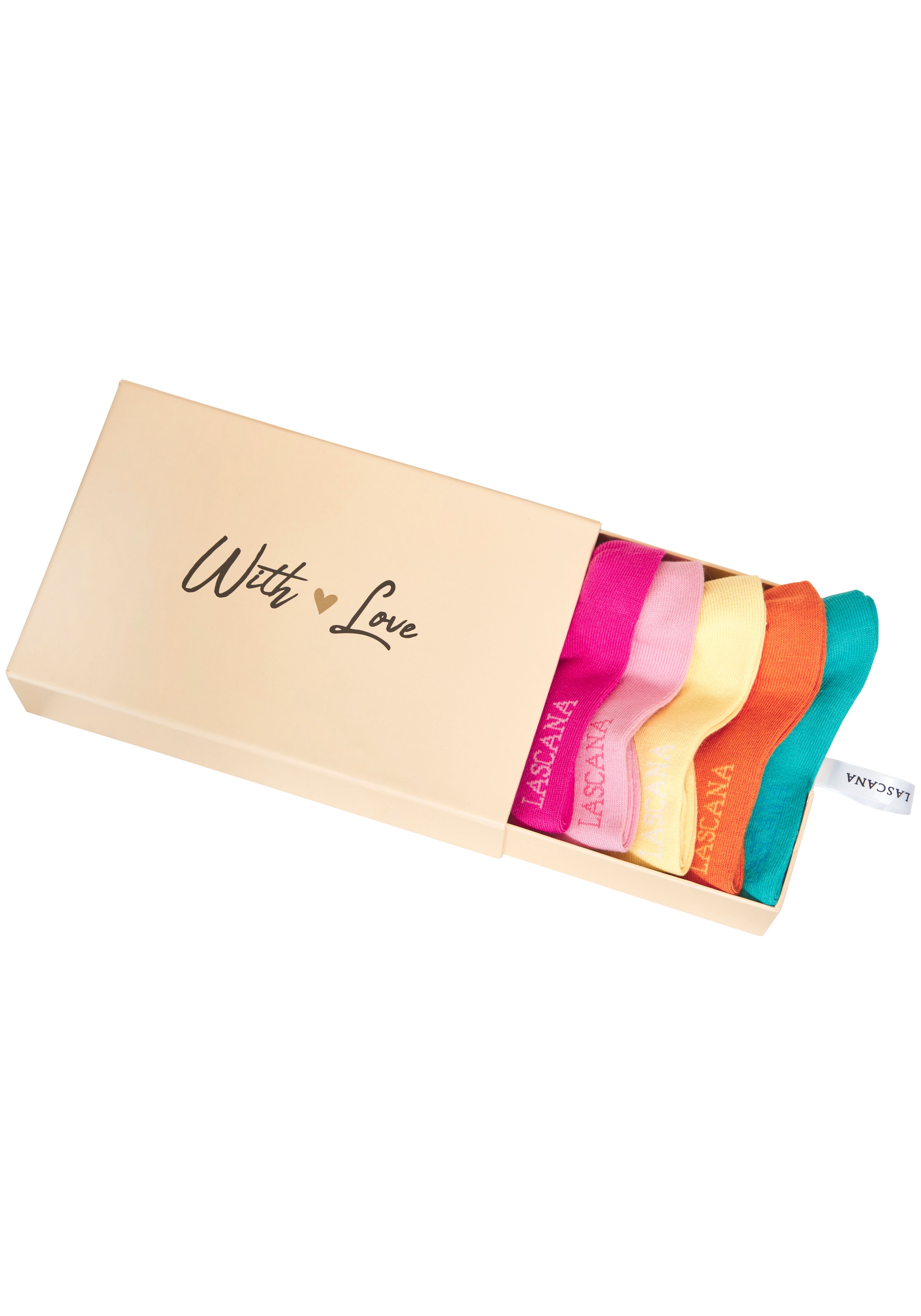 LASCANA Chaussettes de baskets »für Damen mit eingestricktem Markenlogo« Boîte, Boîte, 7 Couple tlg. dans une jolie boîte cadeau