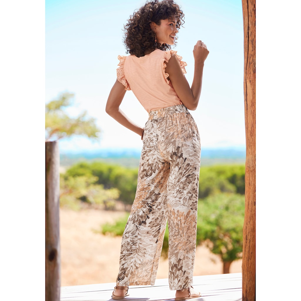 LASCANA Palazzohose, (mit fixiertem Bindegürtel), mit Blumendruck, sommerliche Stoffhose mit Taschen, Strandhose