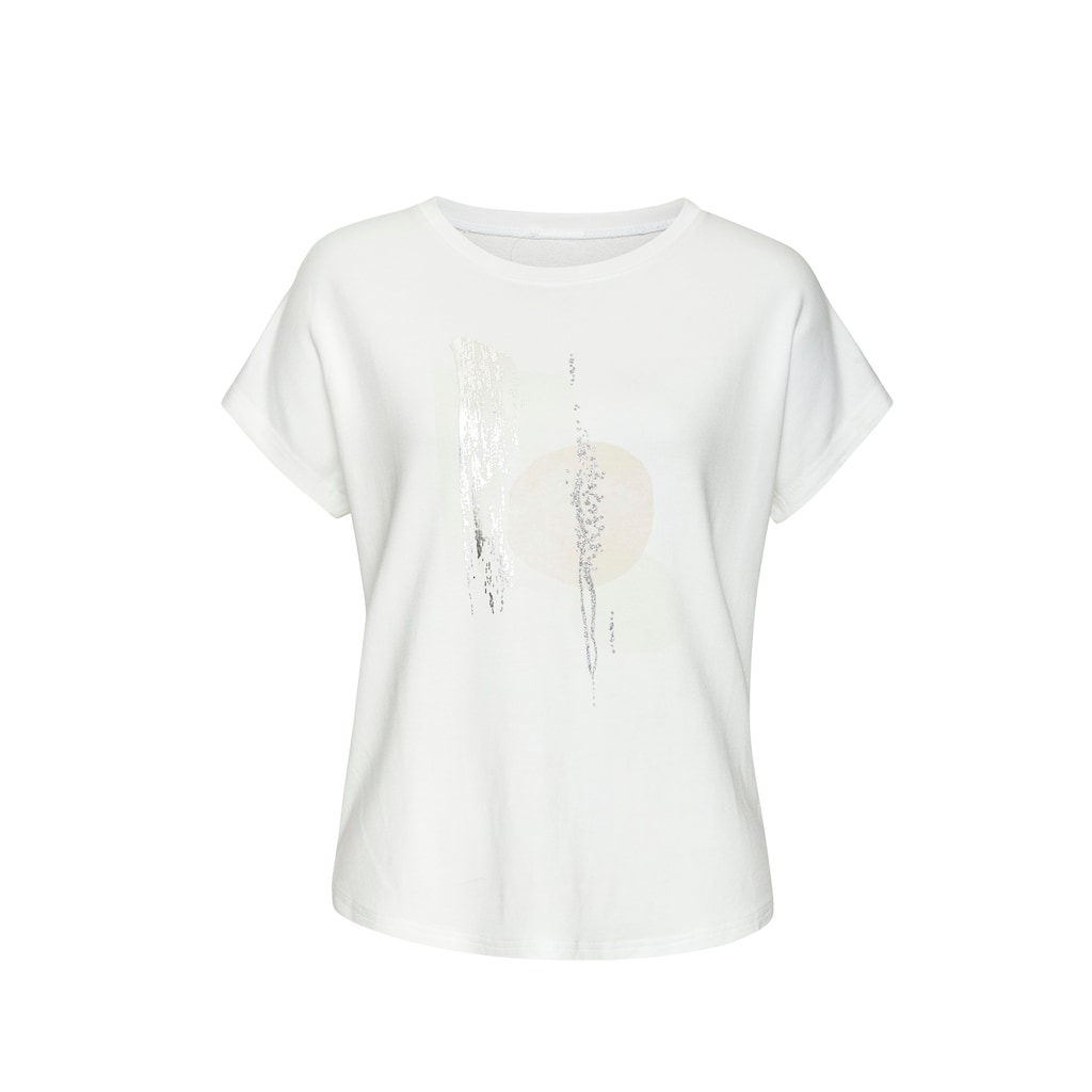 LASCANA Rundhalsshirt »mit schimmerndem Folienprint«, aus hochwertiger French Terry-Qualität aus Viskose