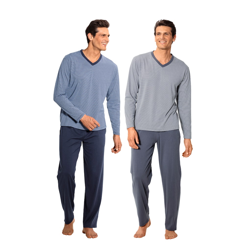 le jogger® Pyjama, (Packung, 4 tlg., 2 Stück), Schlafanzug mit garngefärbten Streifen