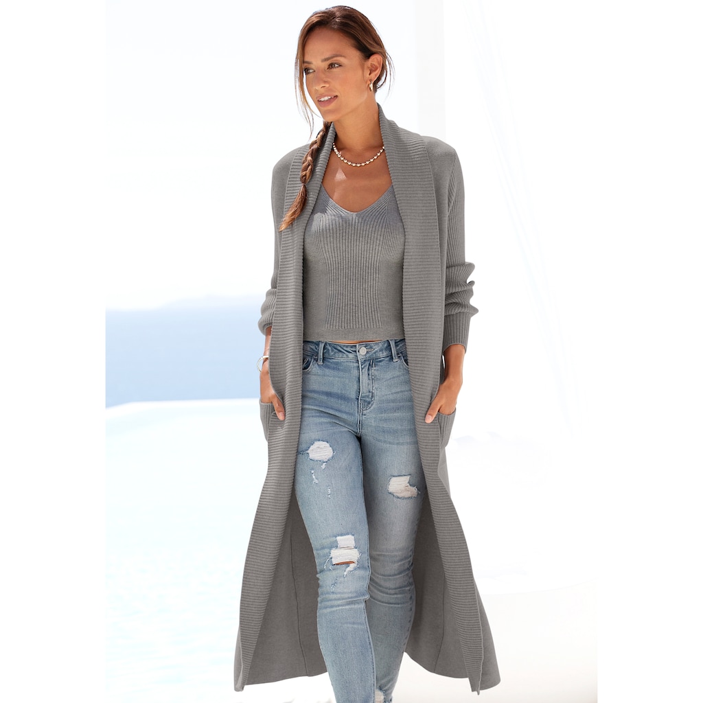LASCANA Longstrickjacke, mit Rippstrickdetails und Taschen, lässiger Strickmantel
