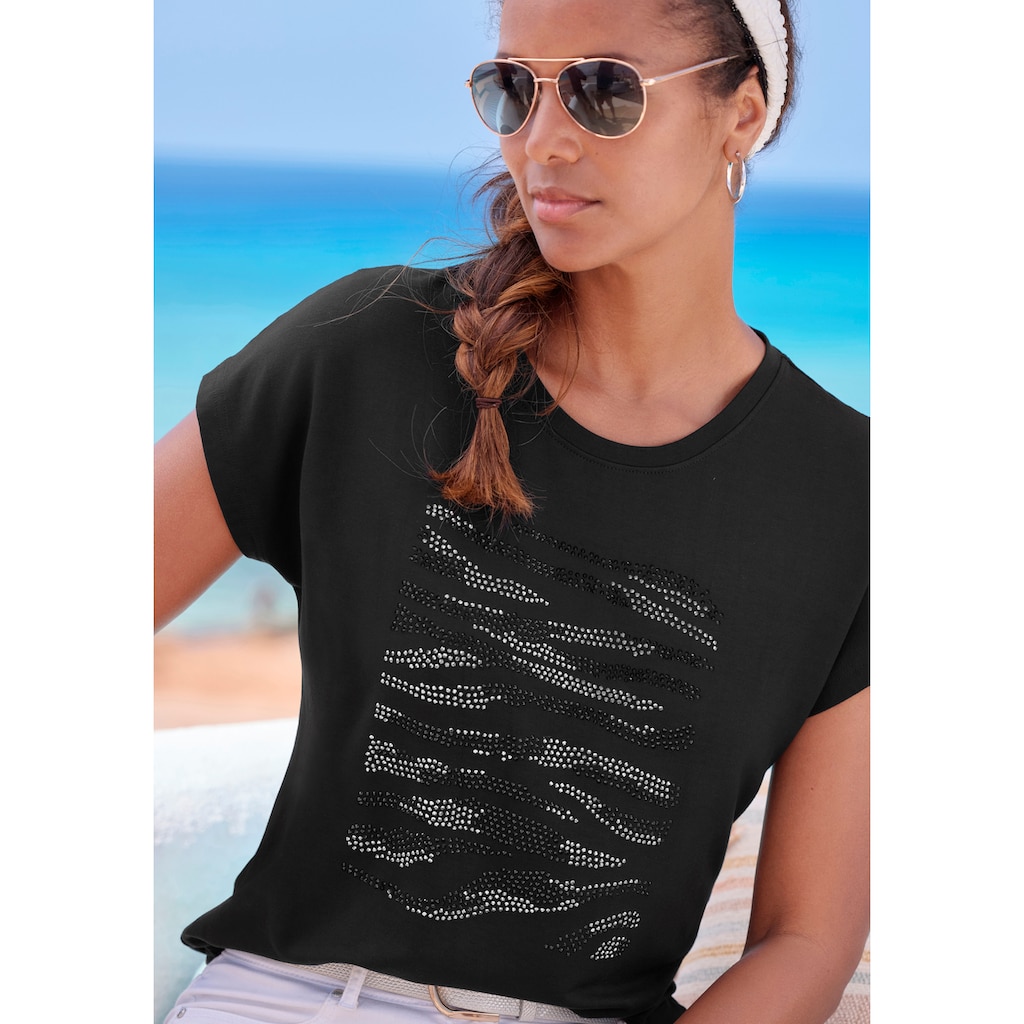 LASCANA Rundhalsshirt »mit Strass-Dessin«, aus hochwertiger French Terry-Qualität aus Viskose