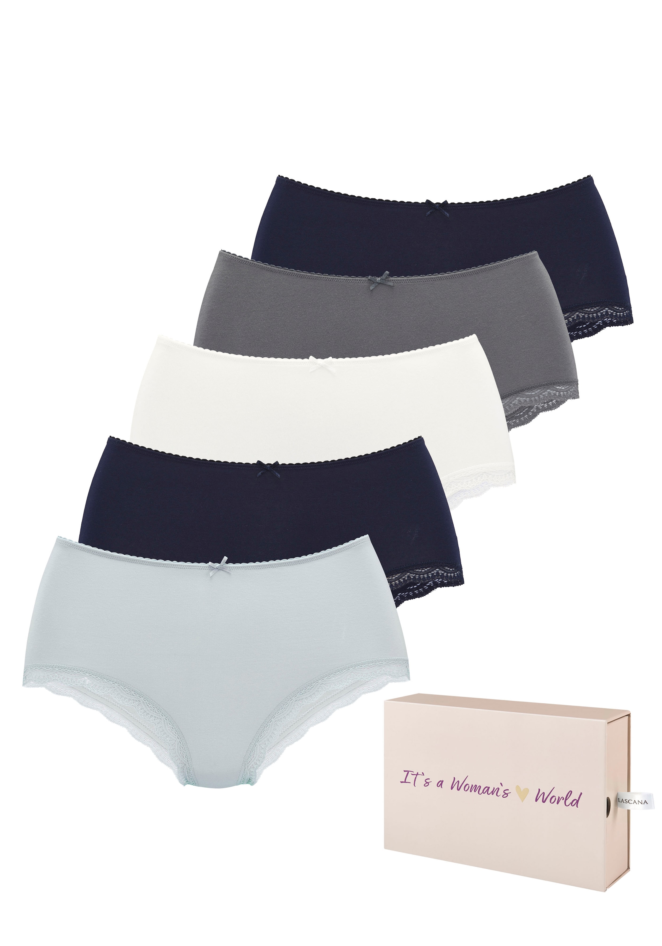 LASCANA Taillenslip 5er-Pack, aus elastischer Baumwolle mit zarter Spitze, mit Aufbewahrungsbox