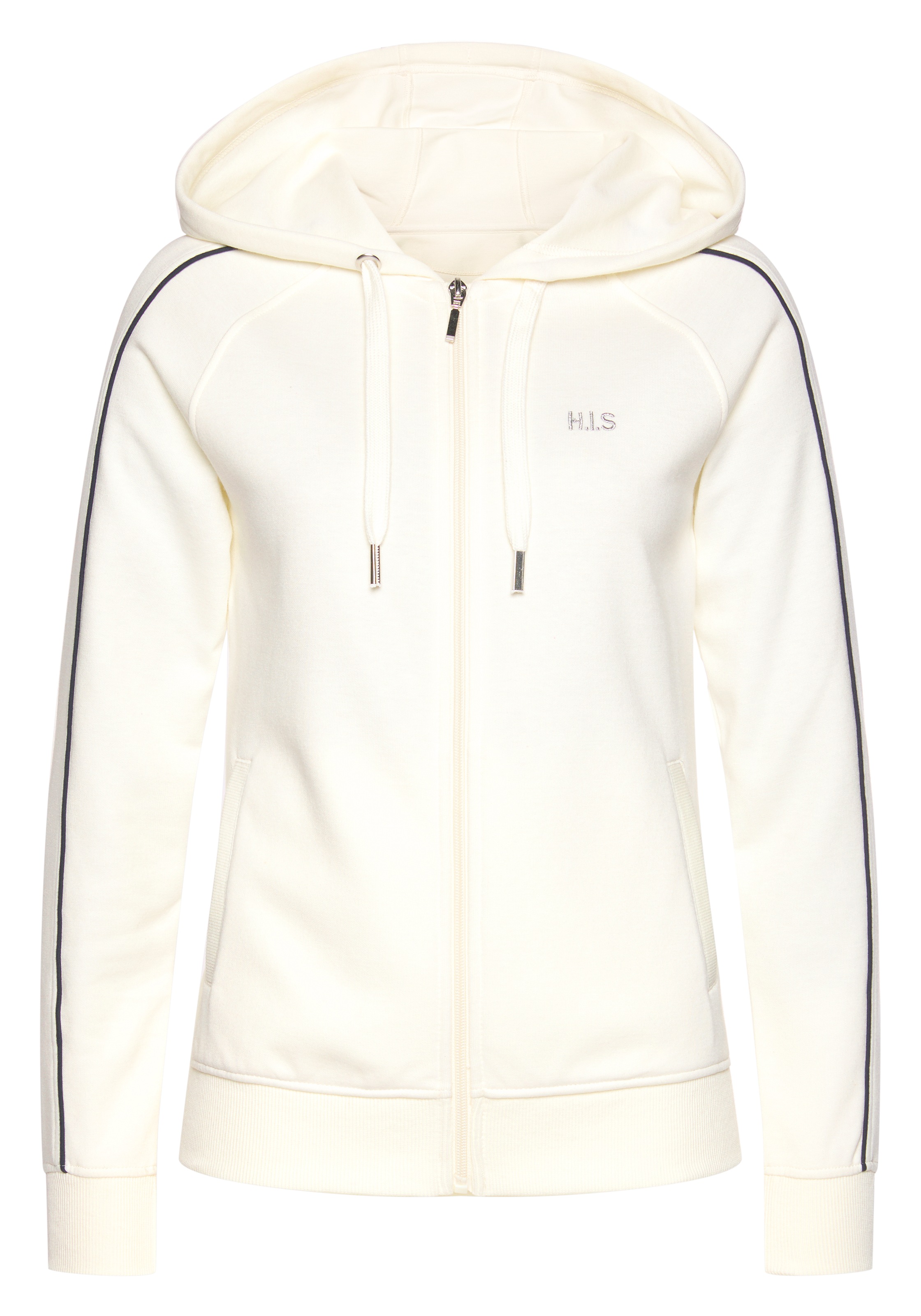 H.I.S Kapuzensweatjacke mit Piping an den Ärmeln. Ideal für Sport- und Freizeit.