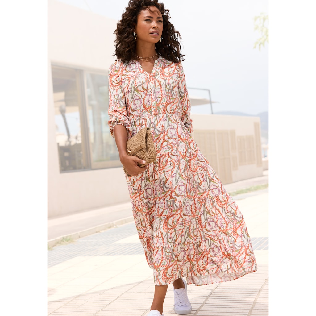 LASCANA Maxikleid, mit Alloverprint und Volants, langärmlig, Druckkleid, casual-chic