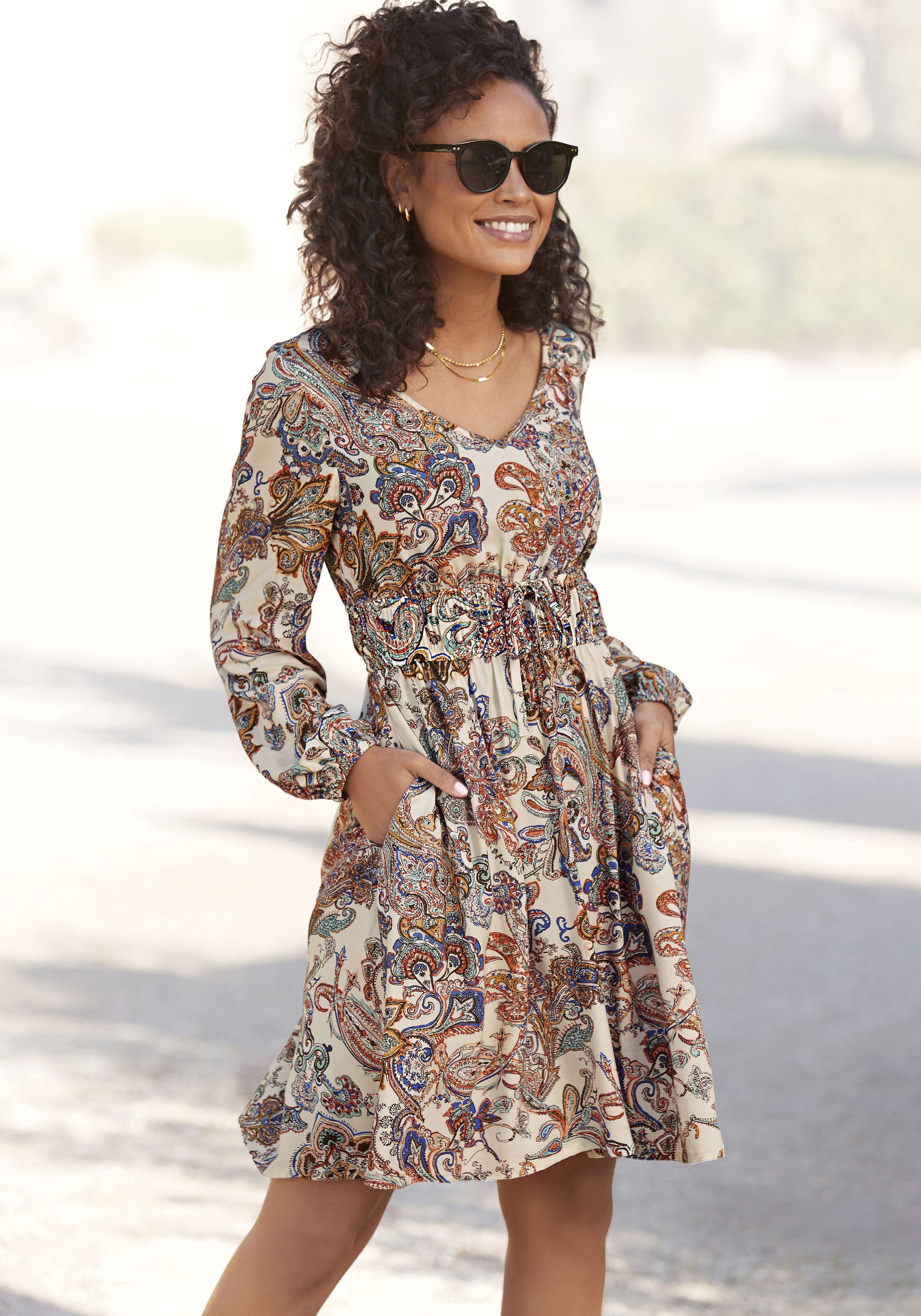 Vivance Druckkleid Seitennahttaschen mit Paisleydruck und Taschen, langärmliges Sommerkleid, Freizeitkleid