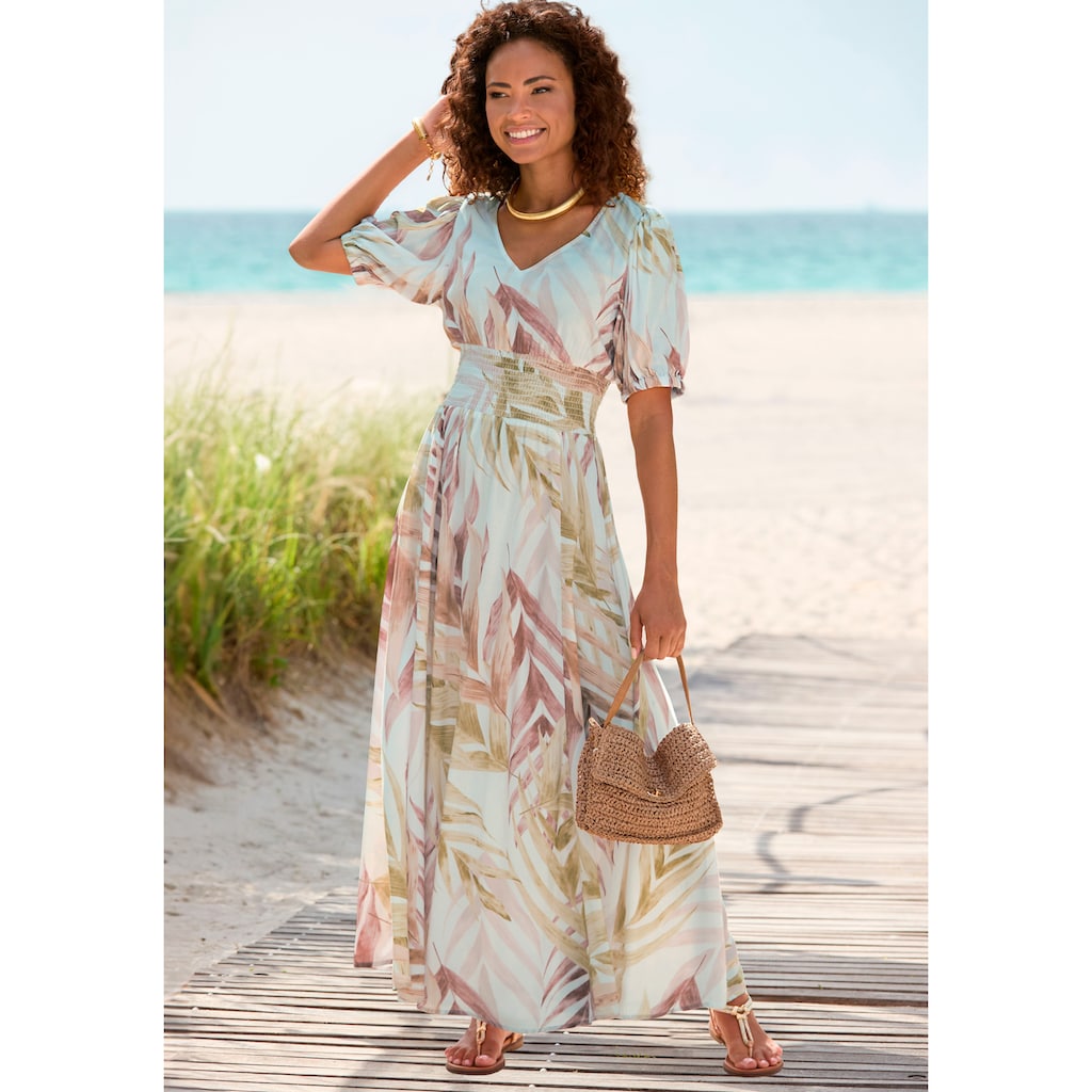 LASCANA Maxikleid, mit Alloverprint und gesmokter Taille, luftiges Sommerkleid