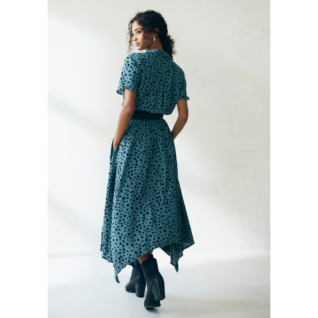 LASCANA Druckkleid, mit Punktedruck und asymmetrischem Saum, Hemdblusenkleid, Midikleid