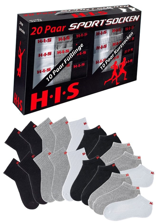H.I.S Kurzsocken "Sportsocken Tennissocken Damen Herren" Box, 20 Stk. tlg. und Sneakersocken mit Frottee in einer Grosspackung