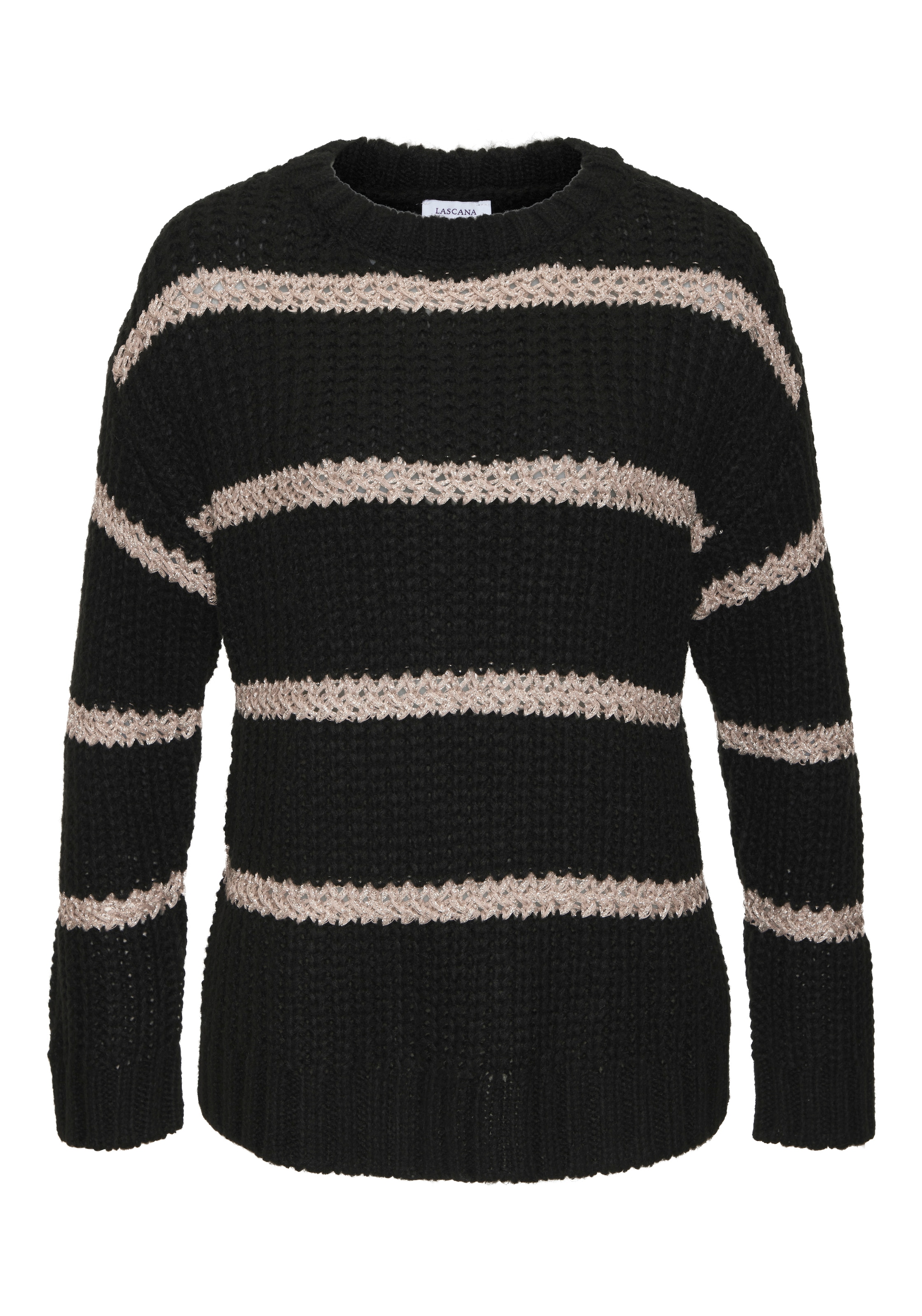LASCANA Pull en tricot »mit Streifenmuster und Lurexgarn aus Grobstrick« Pull à col rond avec détails en fil scintillant, pull en maille grossière, décontracté
