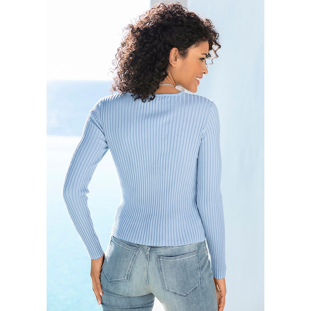 LASCANA V-Ausschnitt-Pullover, mit Zierperlen, figurbetonter Strickpullover, elastisch