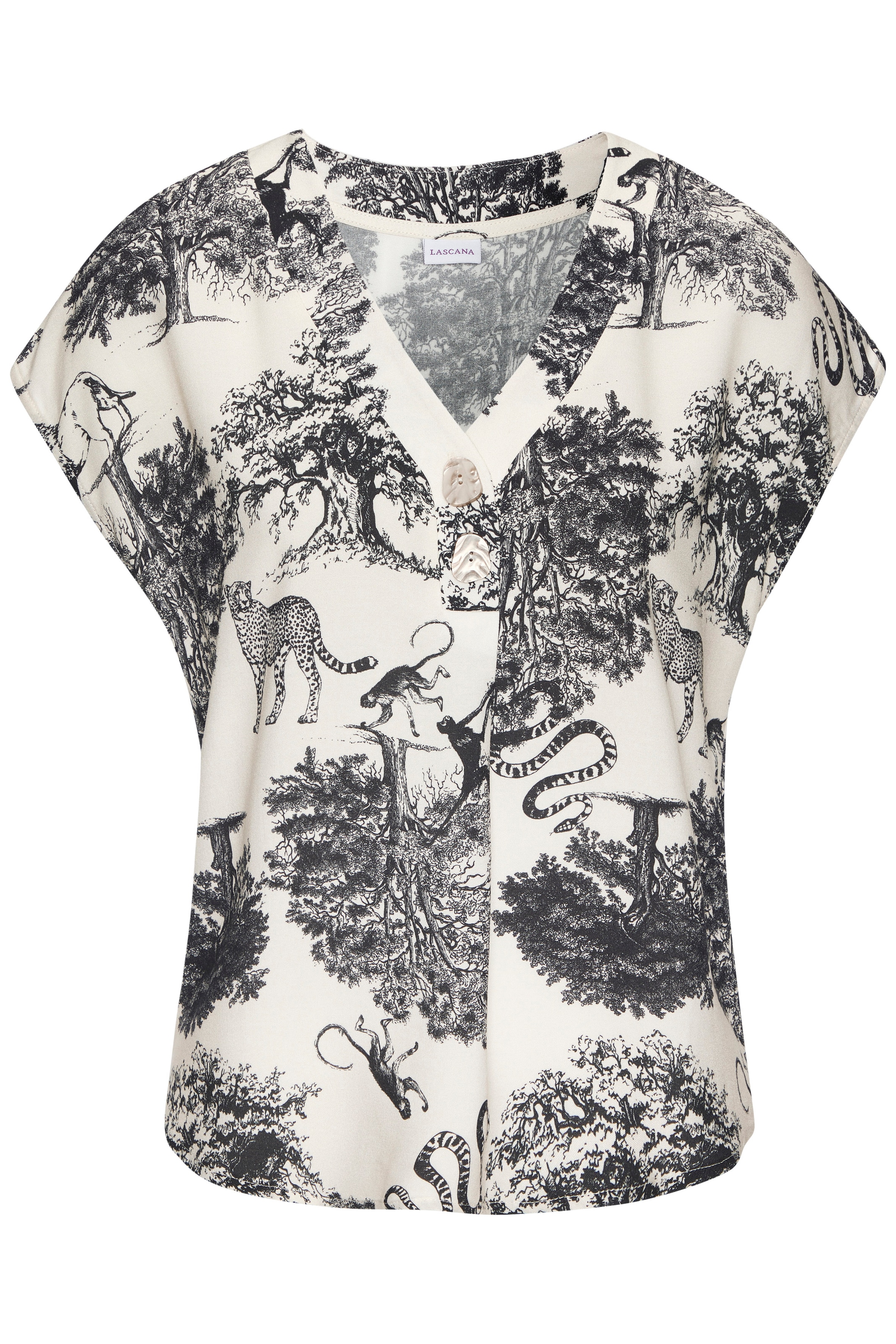 LASCANA Blouse à enfiler avec imprimé intégral et boutons, blouse manches courtes, estivale