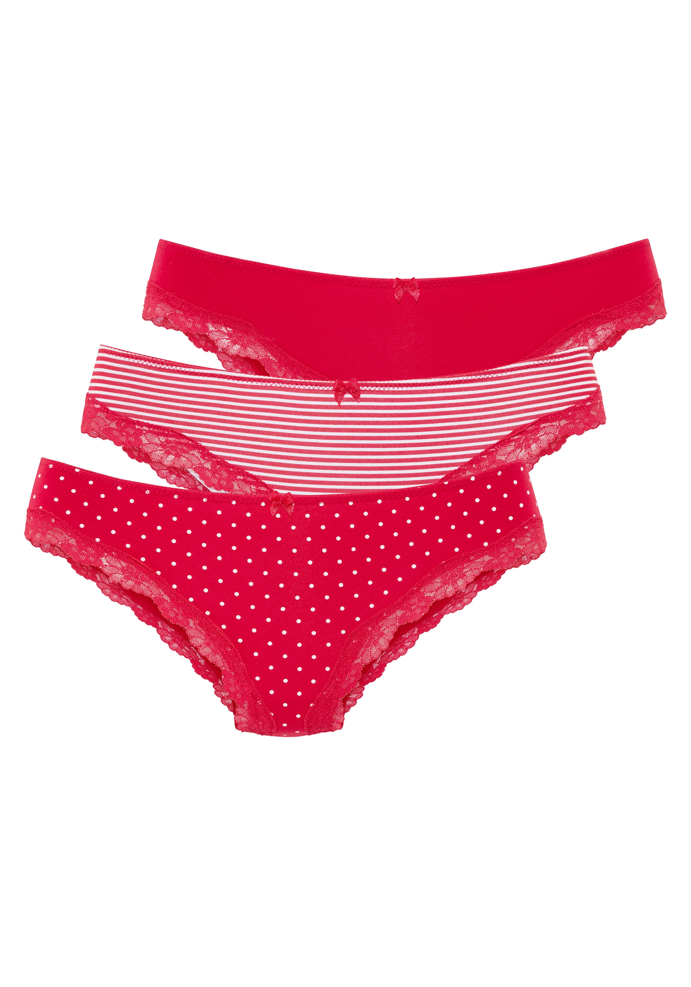 LASCANA Slip brésilien 3er-Pack,  aus elastischer Baumwolle mit zarter Spitze