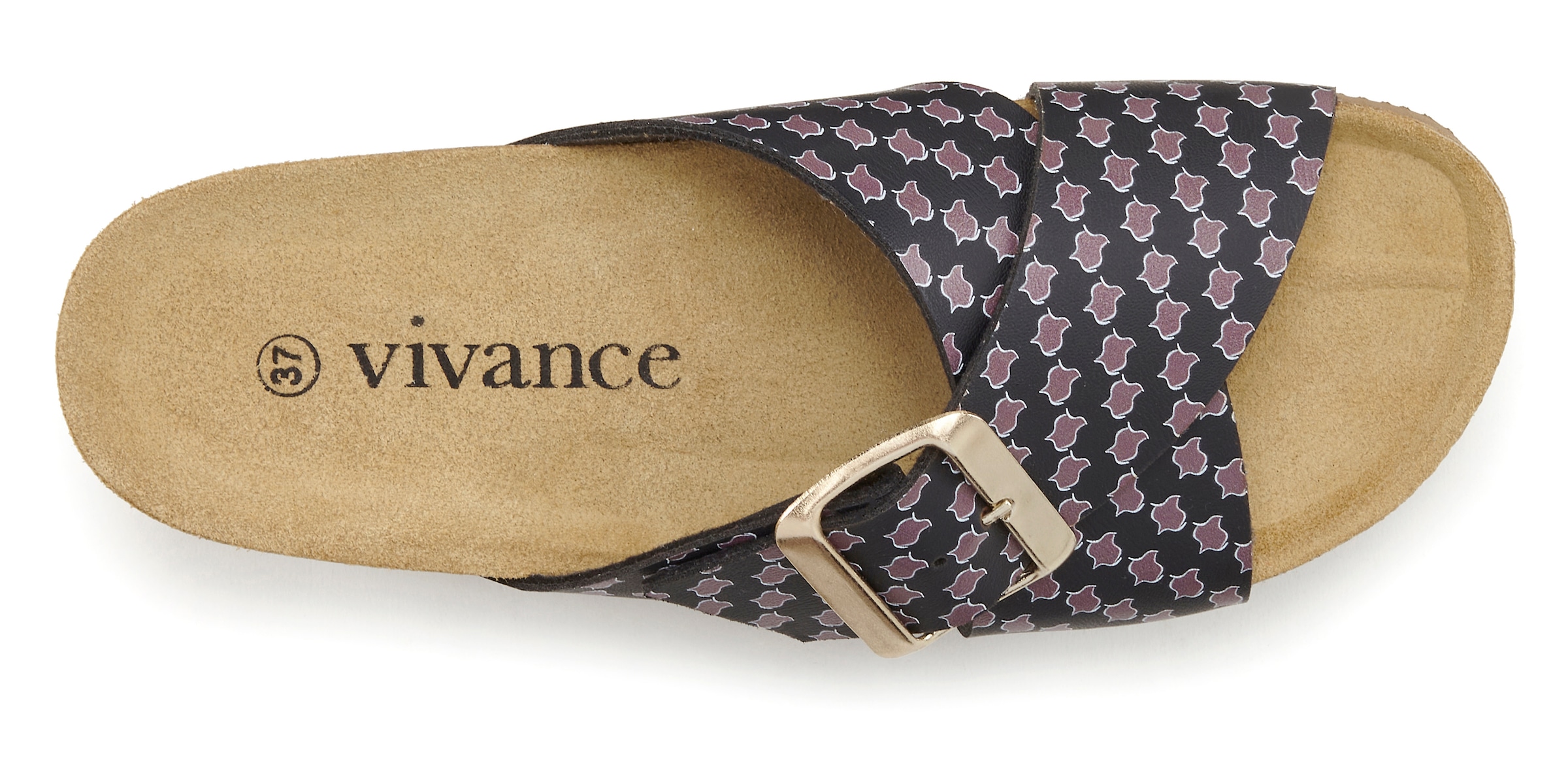 Vivance Pantolette »Sandale, Mule, offener Schuh«, mit Komfortkorkfussbett aus Leder, Keilabsatz und Print