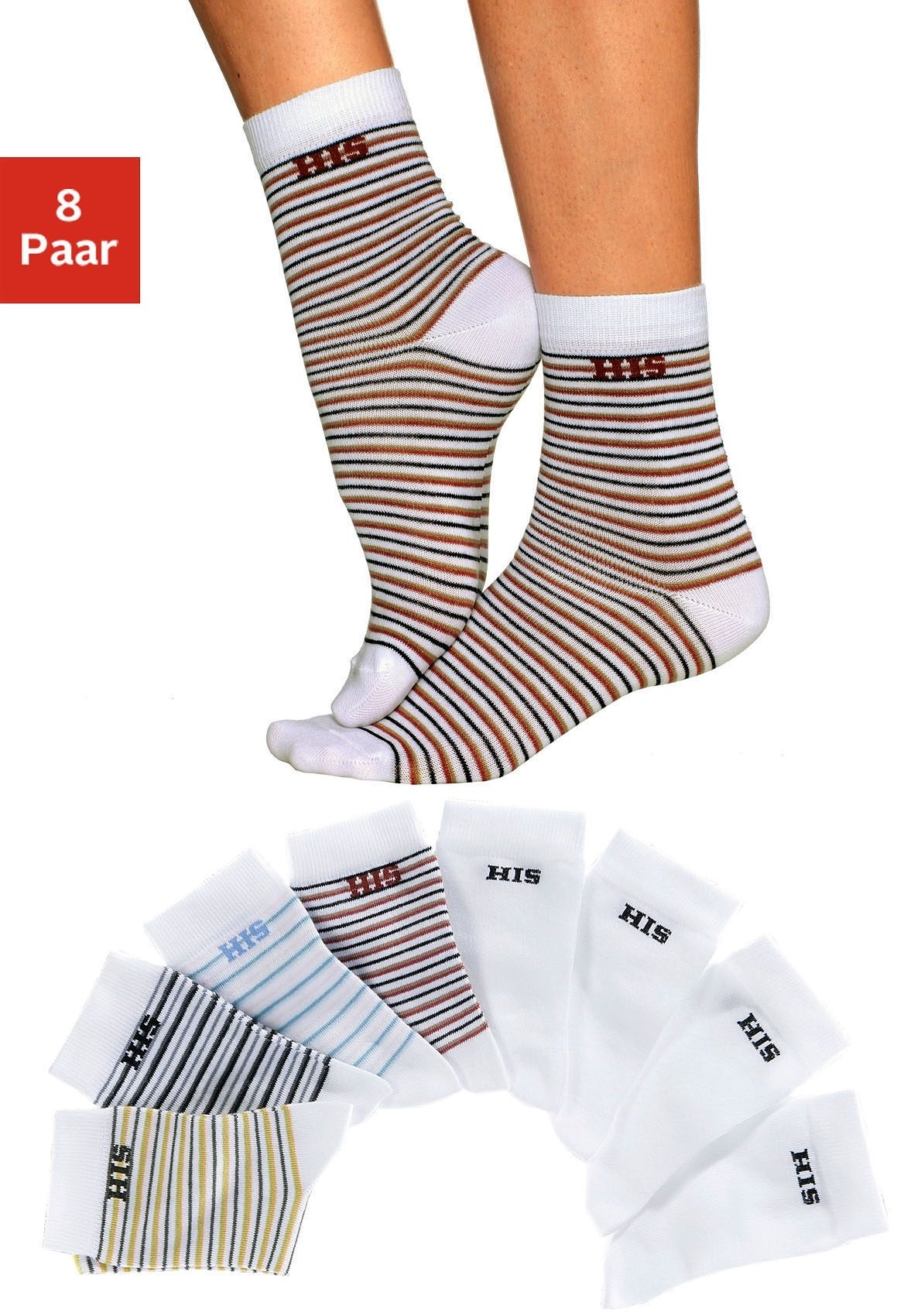 Anti Haft günstig Kaufen-H.I.S Socken, (Set, 8 Paar). H.I.S Socken, (Set, 8 Paar) <![CDATA[Markensocken für Ihren modischen Auftritt! Ob geringelt oder uni sind sie das perfekte Accessoire. Die anschmiegsame Drei-Faser-Qualität garantiert optimale Passform, dauerhafte Farbbrill