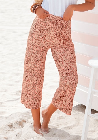Beachtime Culotte, (mit Bindegürtel), mit Blätterdruck und Bindeband, luftig-leichte Sommerhose