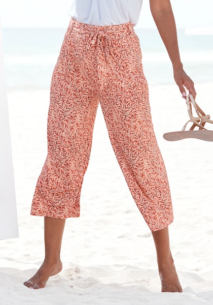 Beachtime Culotte, (mit Bindegürtel), mit Blätterdruck und Bindeband, luftig-leichte Sommerhose