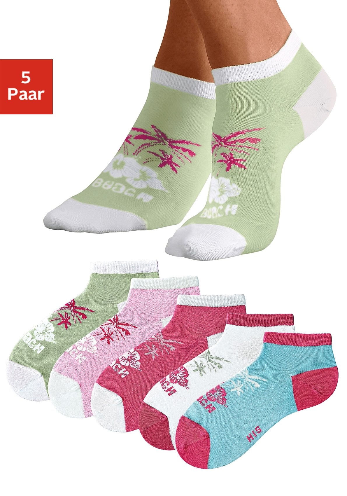 Sneaker in günstig Kaufen-H.I.S Sneakersocken, (Set, 5 Paar), im farbenfrohen Hawaii Design. H.I.S Sneakersocken, (Set, 5 Paar), im farbenfrohen Hawaii Design <![CDATA[Die schicken Sneakersocken in Trendfarben überzeugen durch optimalen Halt ohne Rutschen im Schuh. Durch den hohe