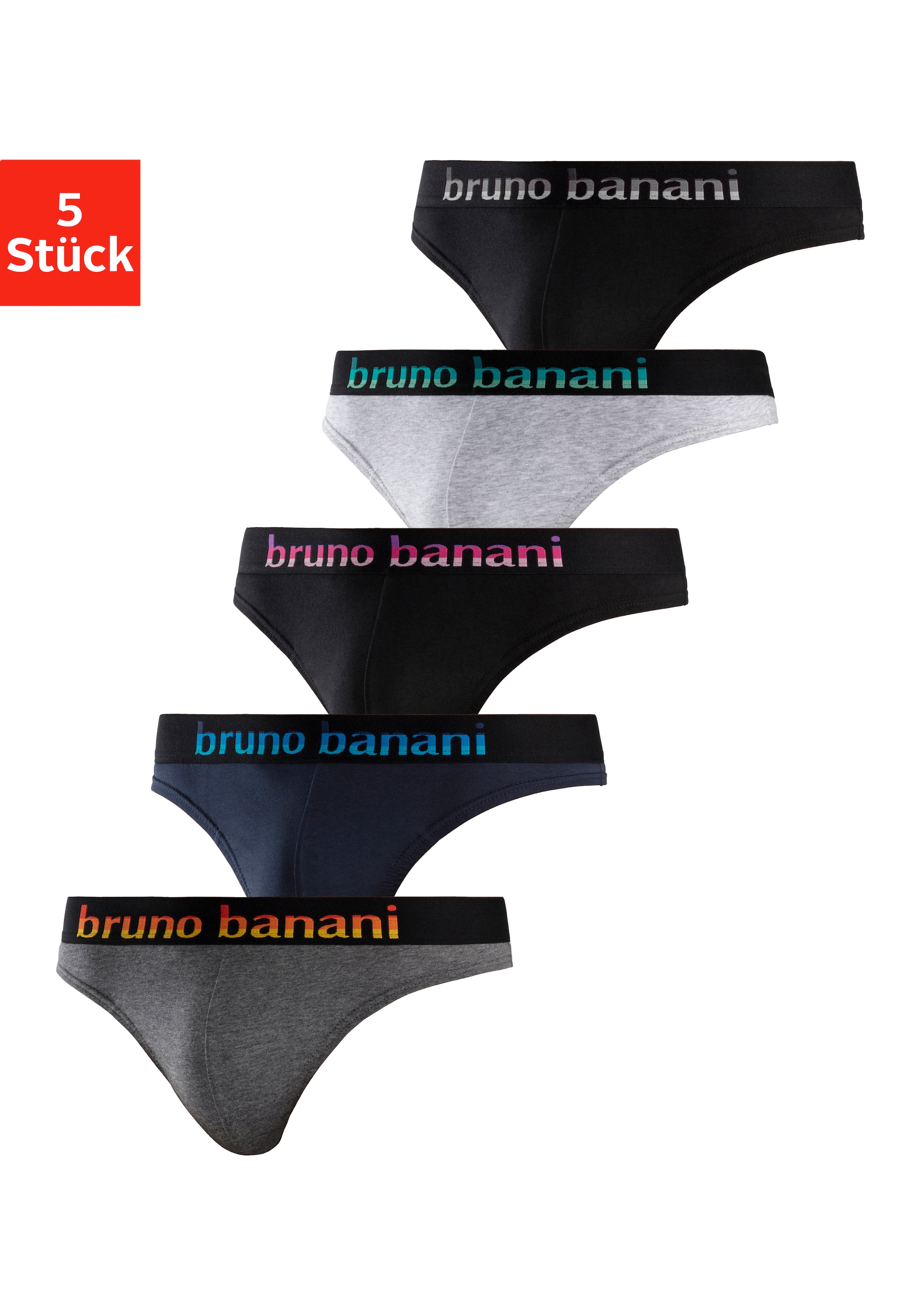 Pack von günstig Kaufen-Bruno Banani String, (Packung, 5 St.). Bruno Banani String, (Packung, 5 St.) <![CDATA[String von Bruno Banani im 5er-Pack. Webbund mit Logo in Farbverlaufoptik. Weiche, elastische Qualität.]]>. 