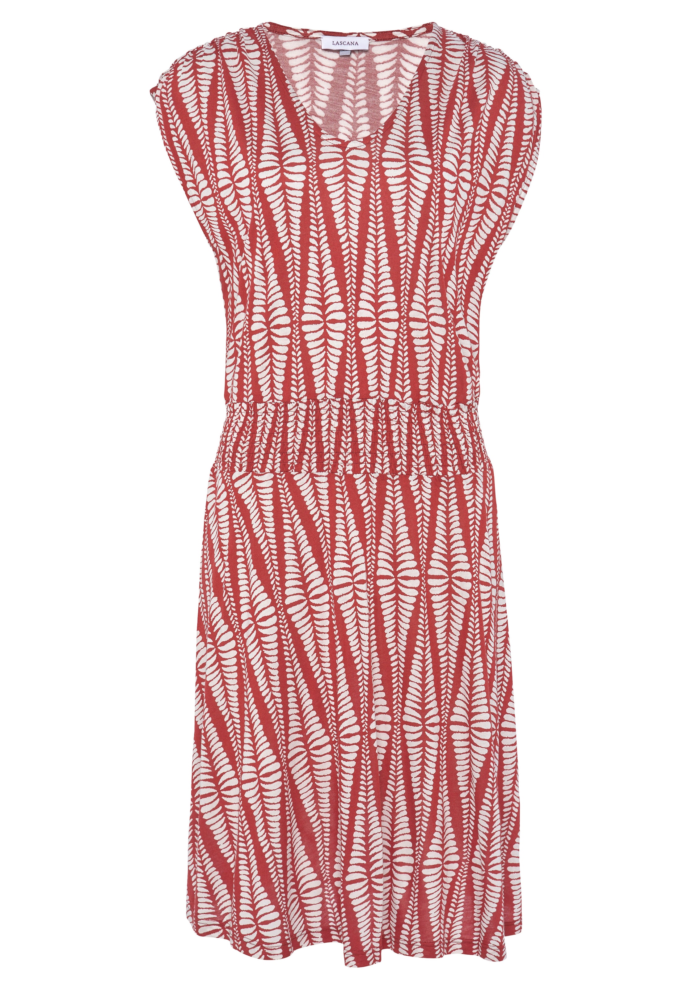 LASCANA Jerseykleid, mit breitem Smokbund, kurzes Sommerkleid mit Alloverprint